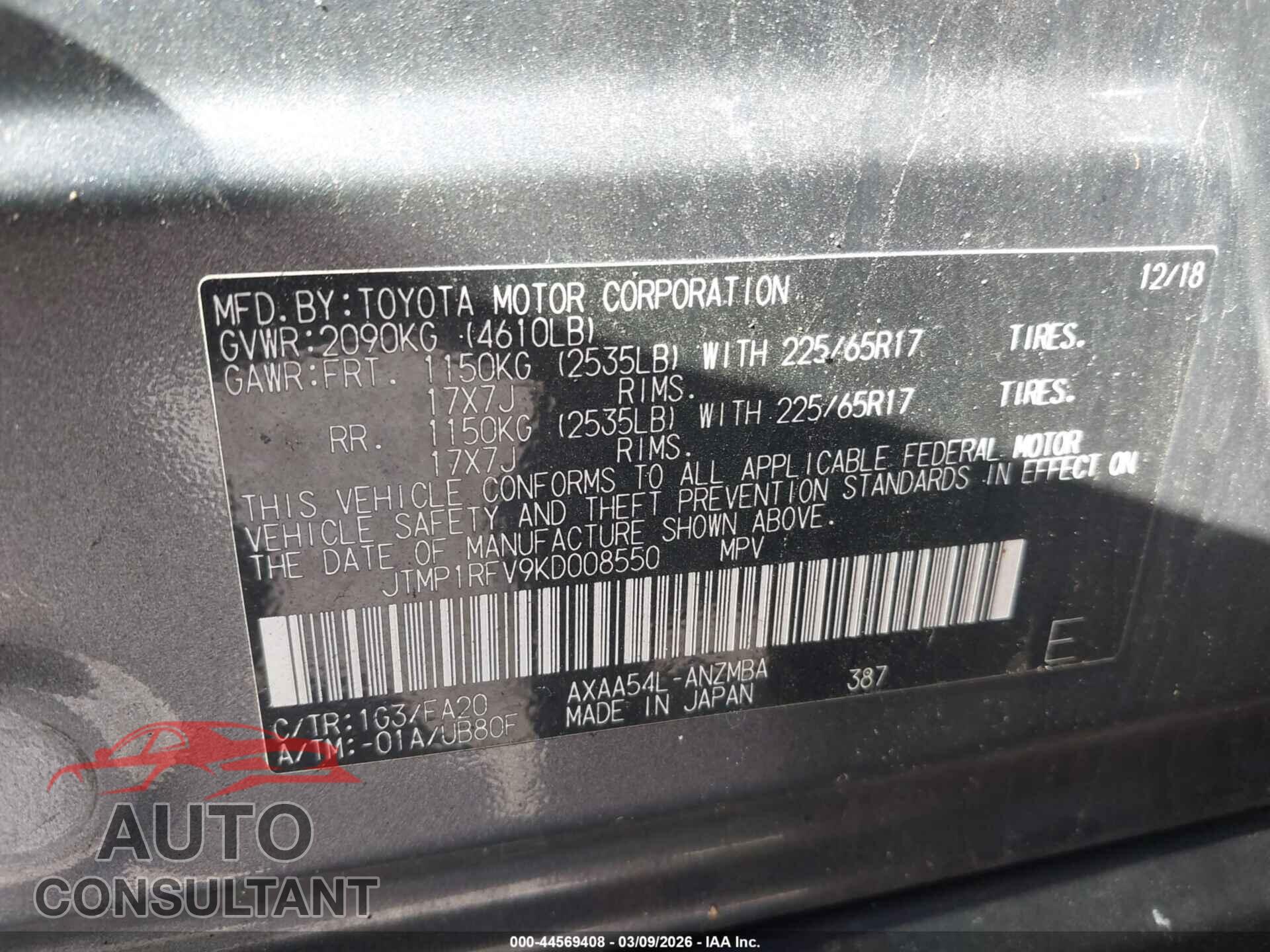 TOYOTA RAV4 2019 - JTMP1RFV9KD008550