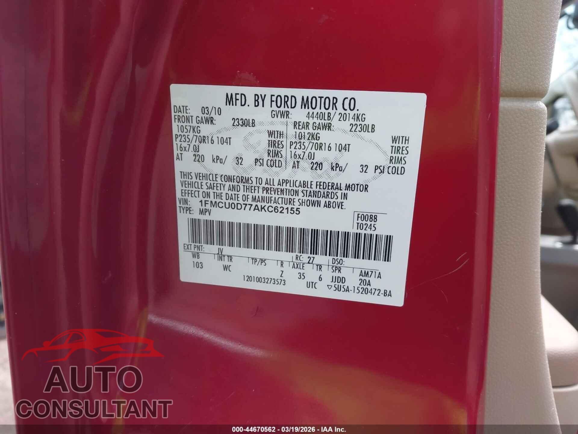 FORD ESCAPE 2010 - 1FMCU0D77AKC62155