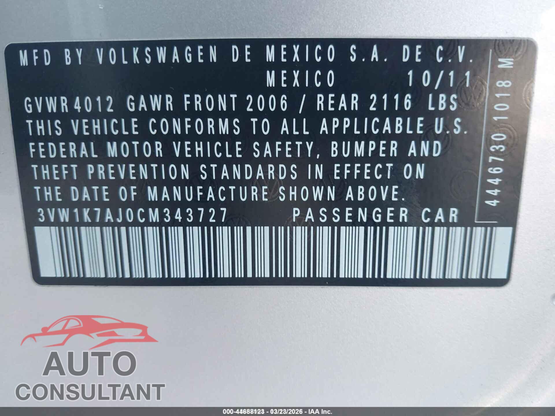 VOLKSWAGEN JETTA 2012 - 3VW1K7AJ0CM343727