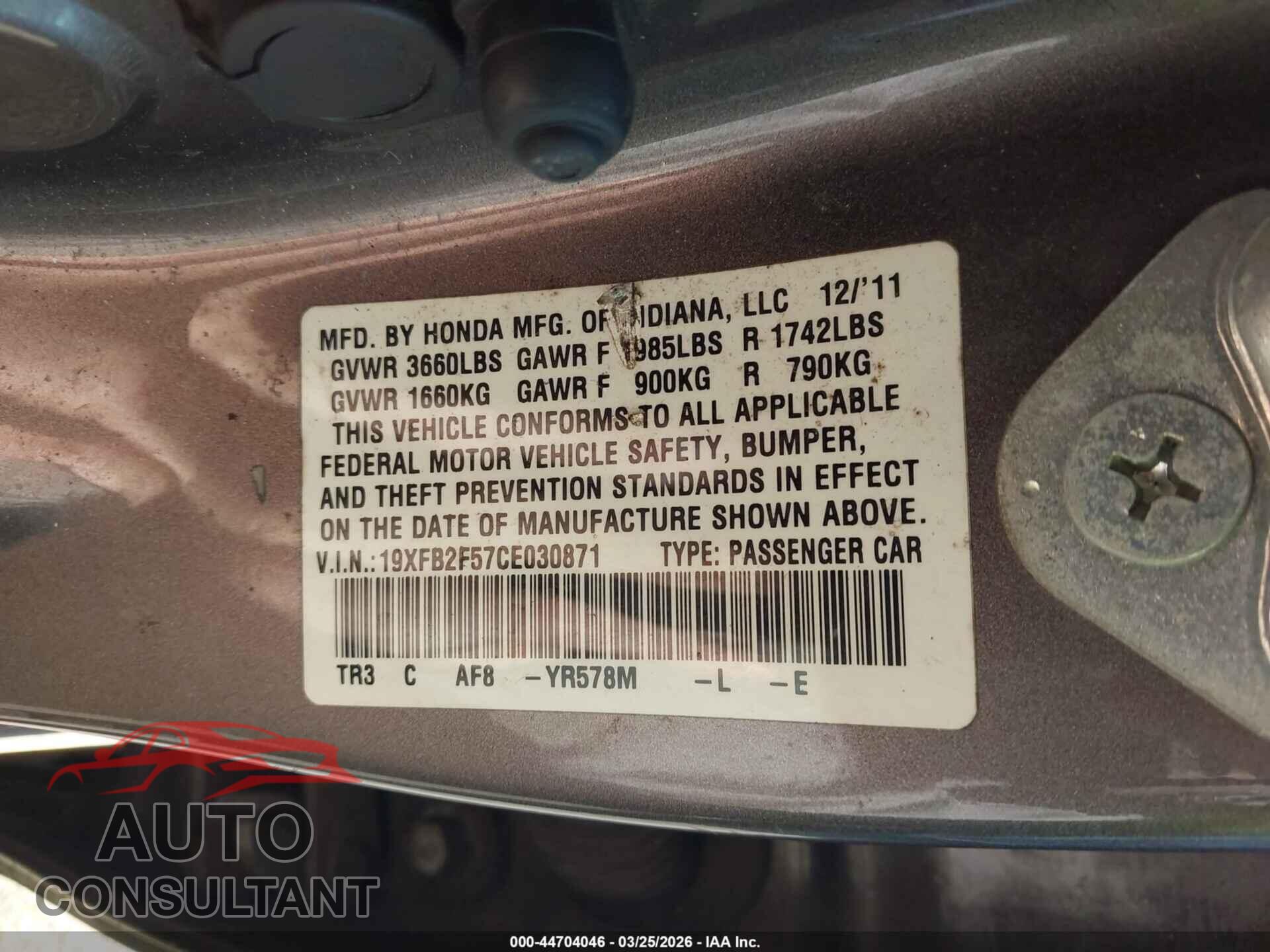 HONDA CIVIC 2012 - 19XFB2F57CE030871