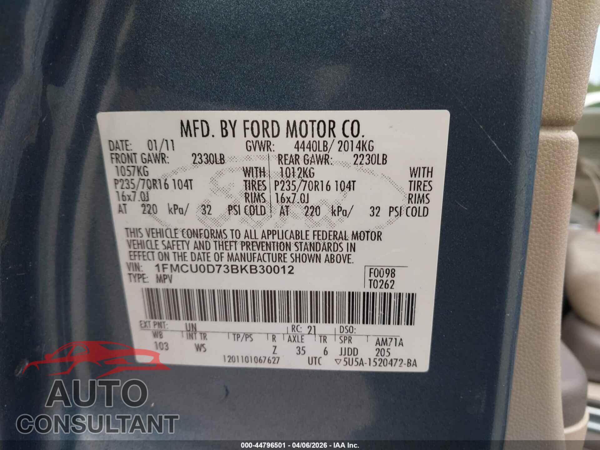 FORD ESCAPE 2011 - 1FMCU0D73BKB30012