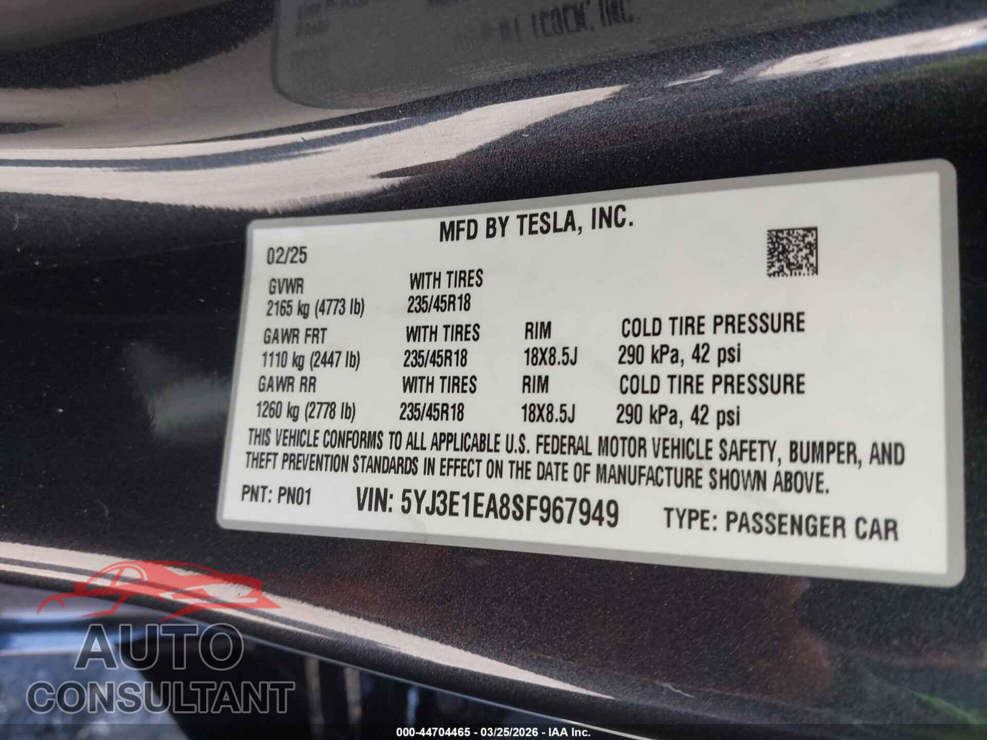 TESLA MODEL 3 2025 - 5YJ3E1EA8SF967949