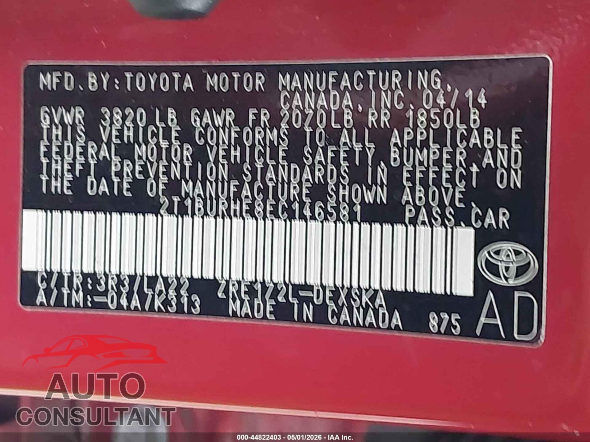 TOYOTA COROLLA 2014 - 2T1BURHE8EC146581