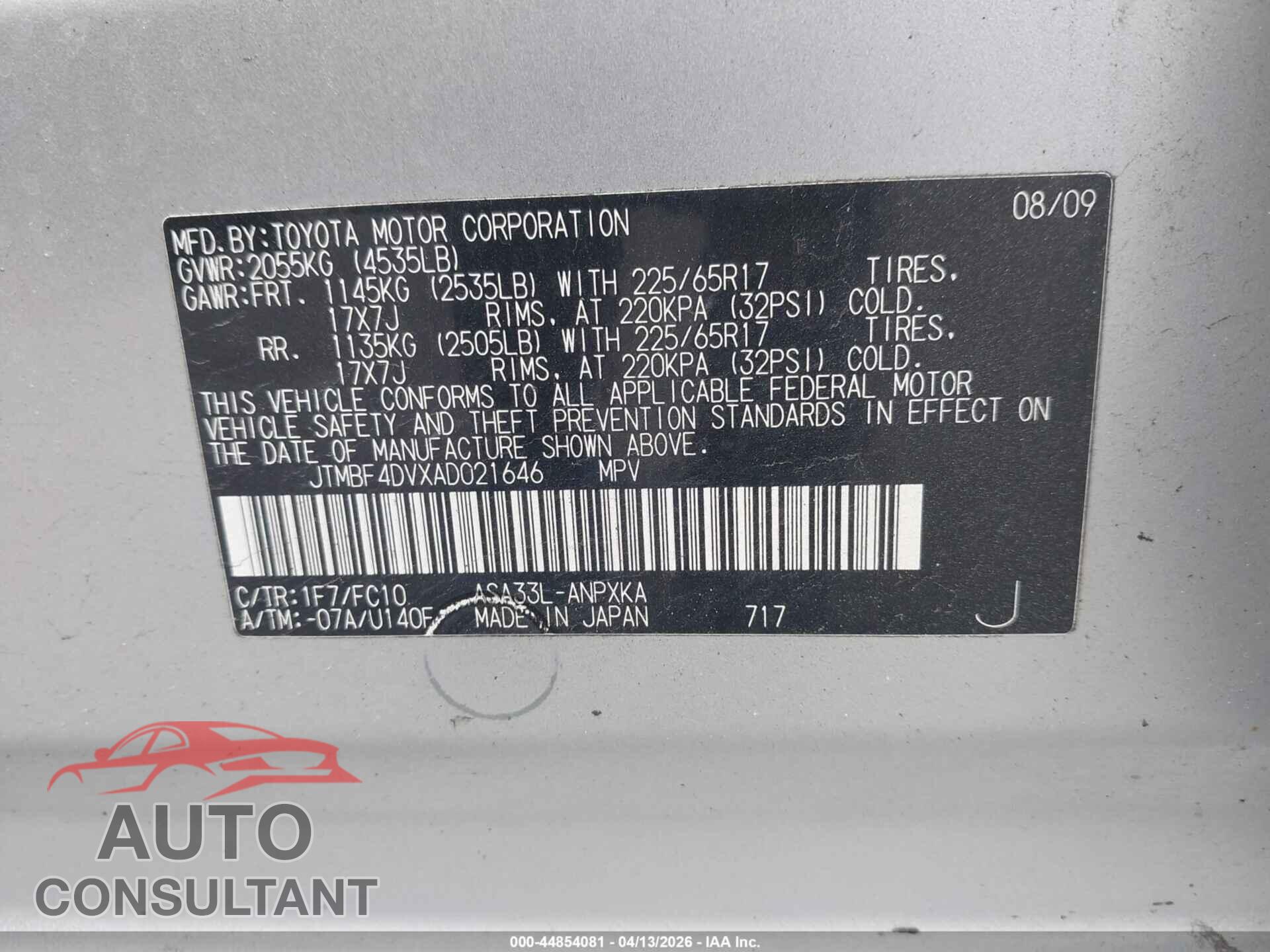 TOYOTA RAV4 2010 - JTMBF4DVXAD021646