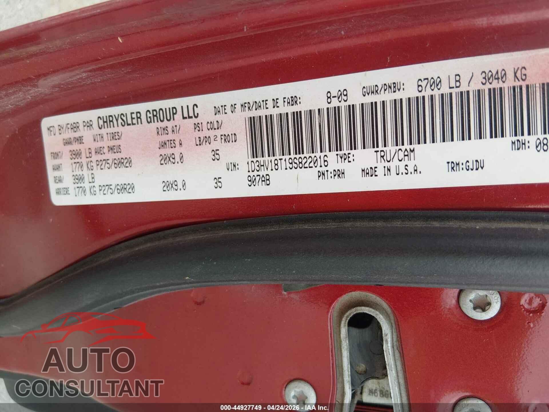 DODGE RAM 1500 2009 - 1D3HV18T19S822016