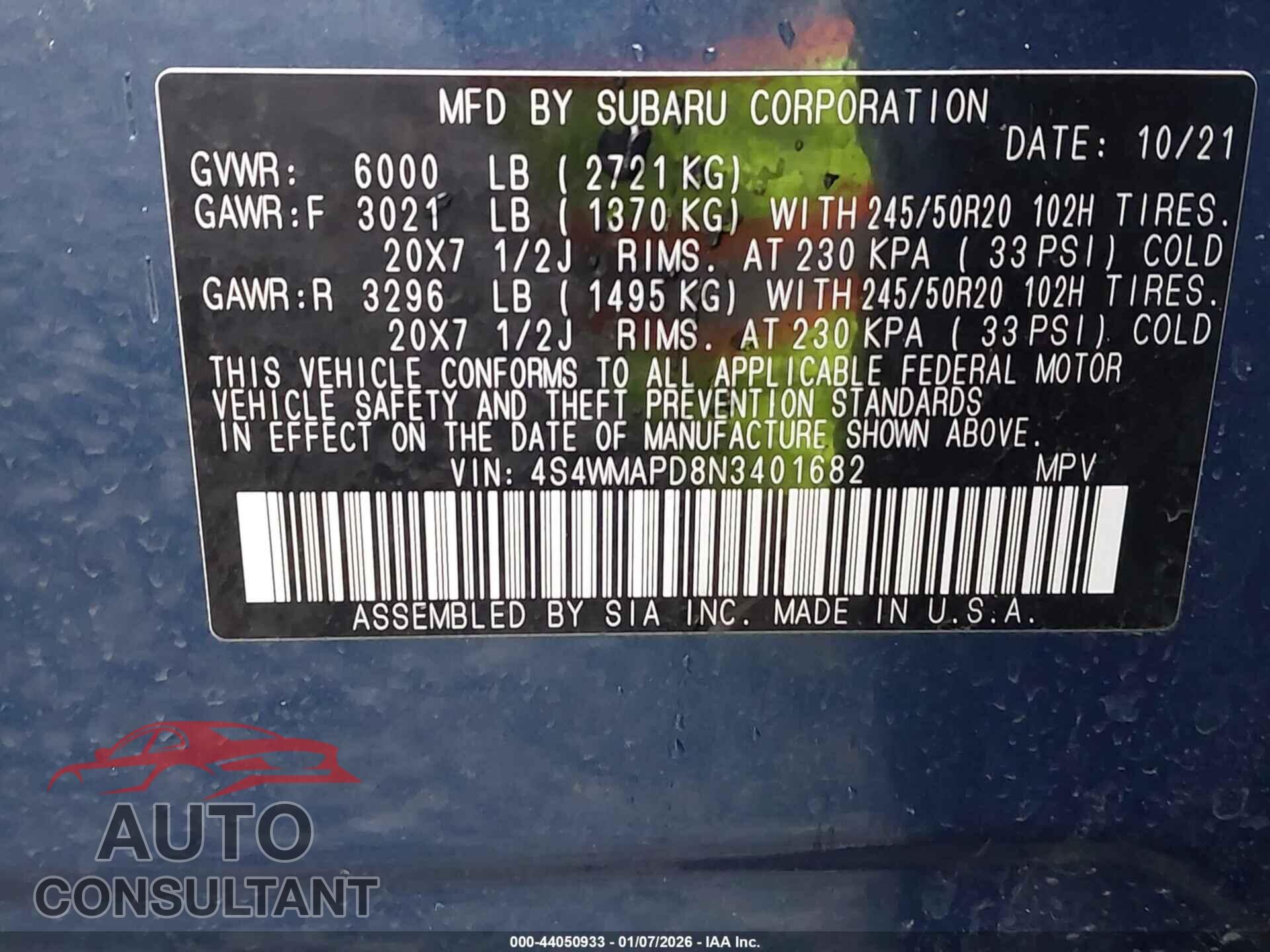SUBARU ASCENT 2022 - 4S4WMAPD8N3401682