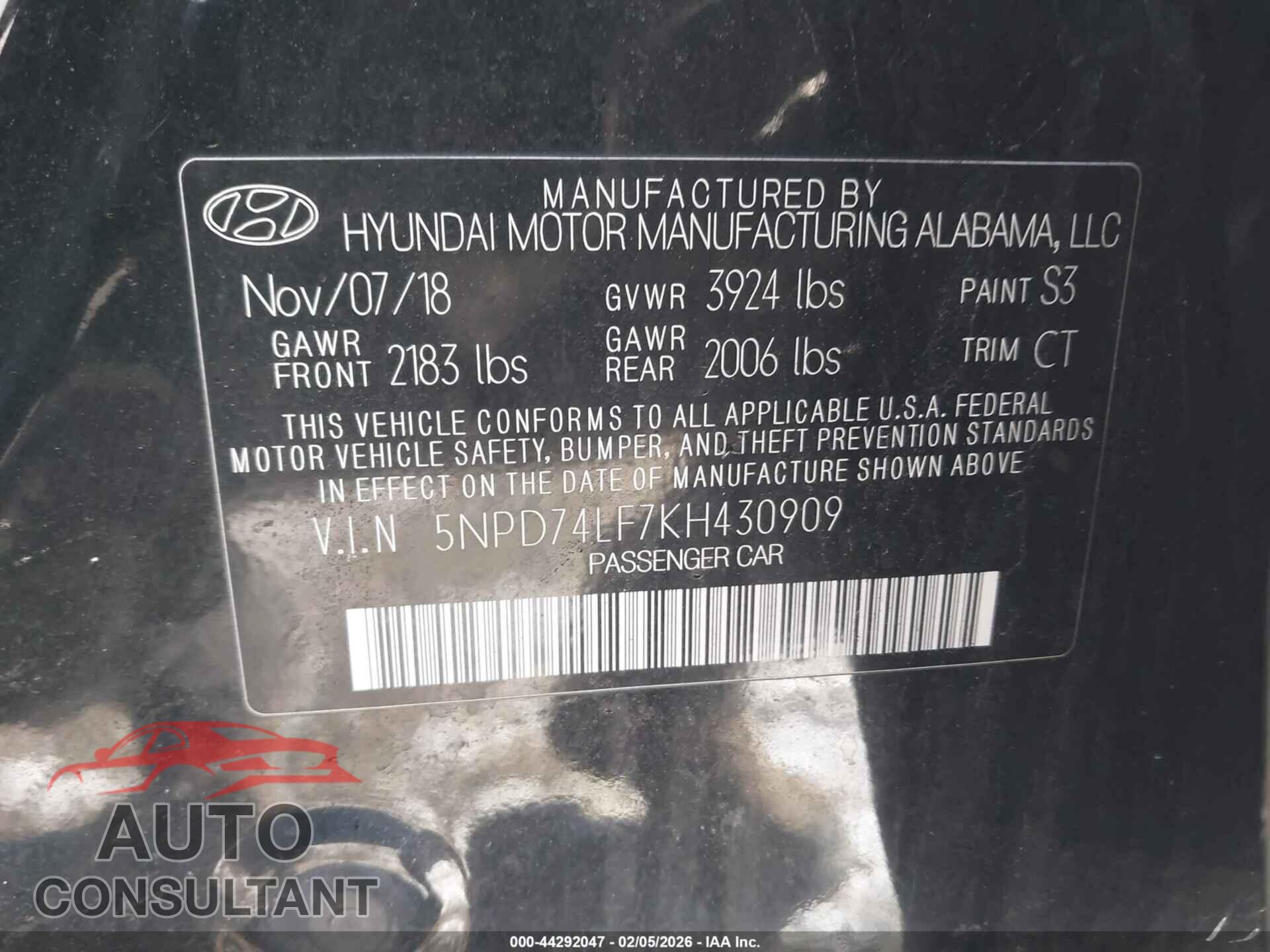 HYUNDAI ELANTRA 2019 - 5NPD74LF7KH430909