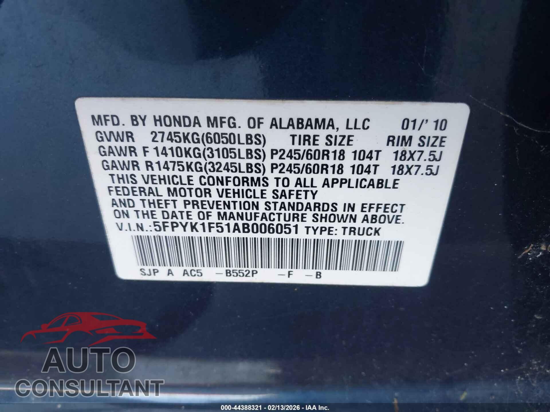 HONDA RIDGELINE 2010 - 5FPYK1F51AB006051