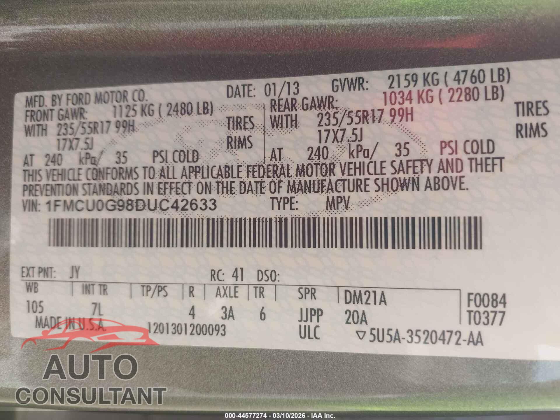 FORD ESCAPE 2013 - 1FMCU0G98DUC42633