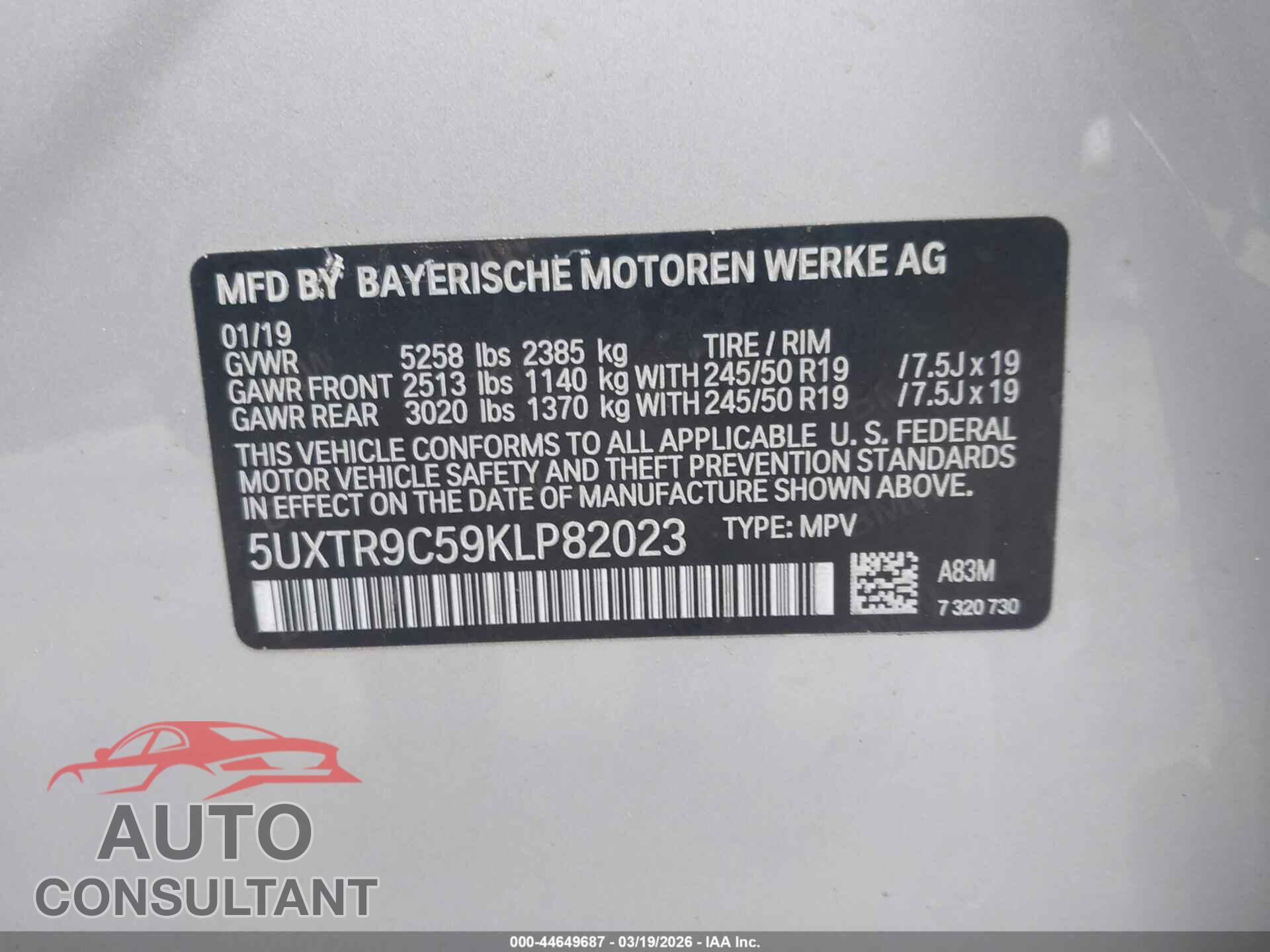BMW X3 2019 - 5UXTR9C59KLP82023