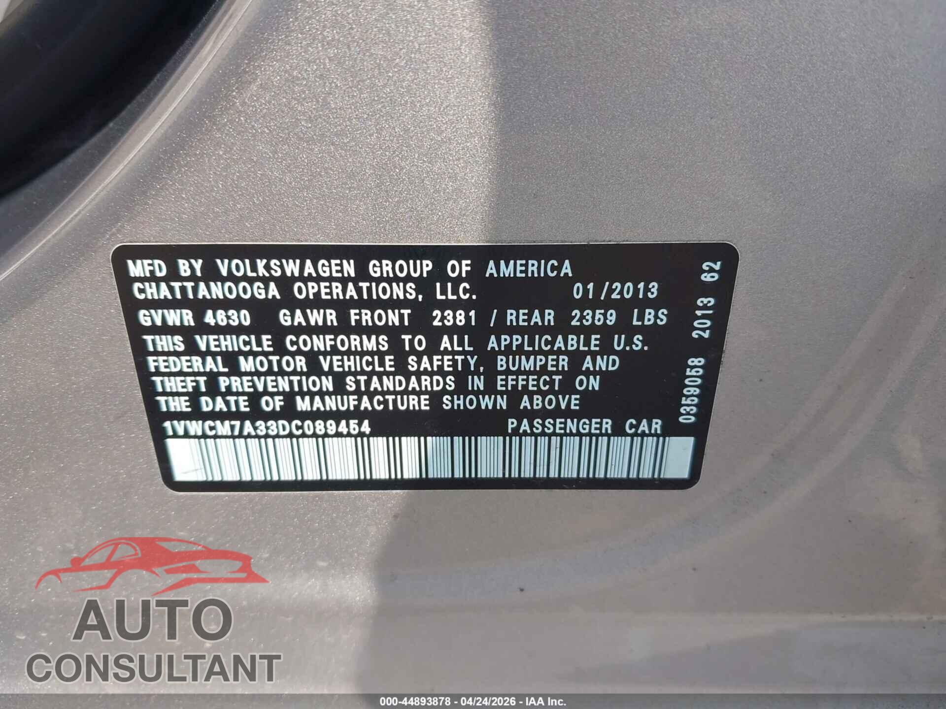 VOLKSWAGEN PASSAT 2013 - 1VWCM7A33DC089454