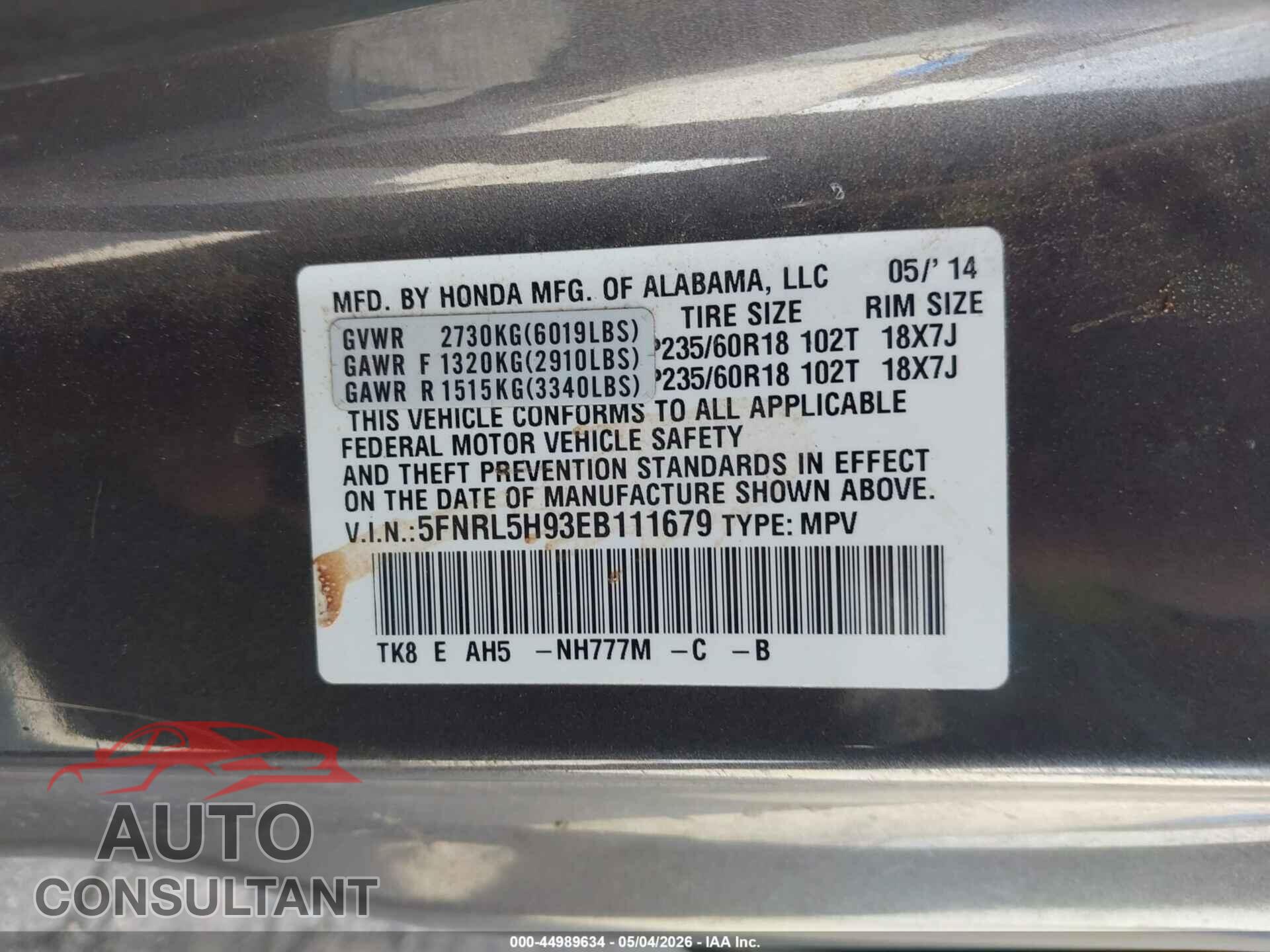 HONDA ODYSSEY 2014 - 5FNRL5H93EB111679