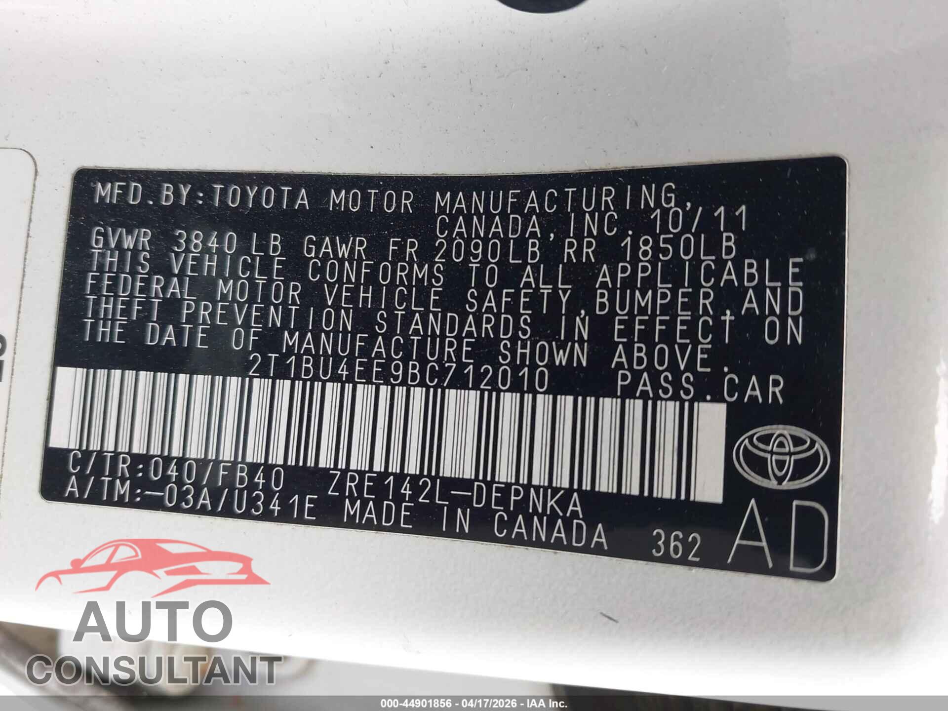 TOYOTA COROLLA 2011 - 2T1BU4EE9BC712010