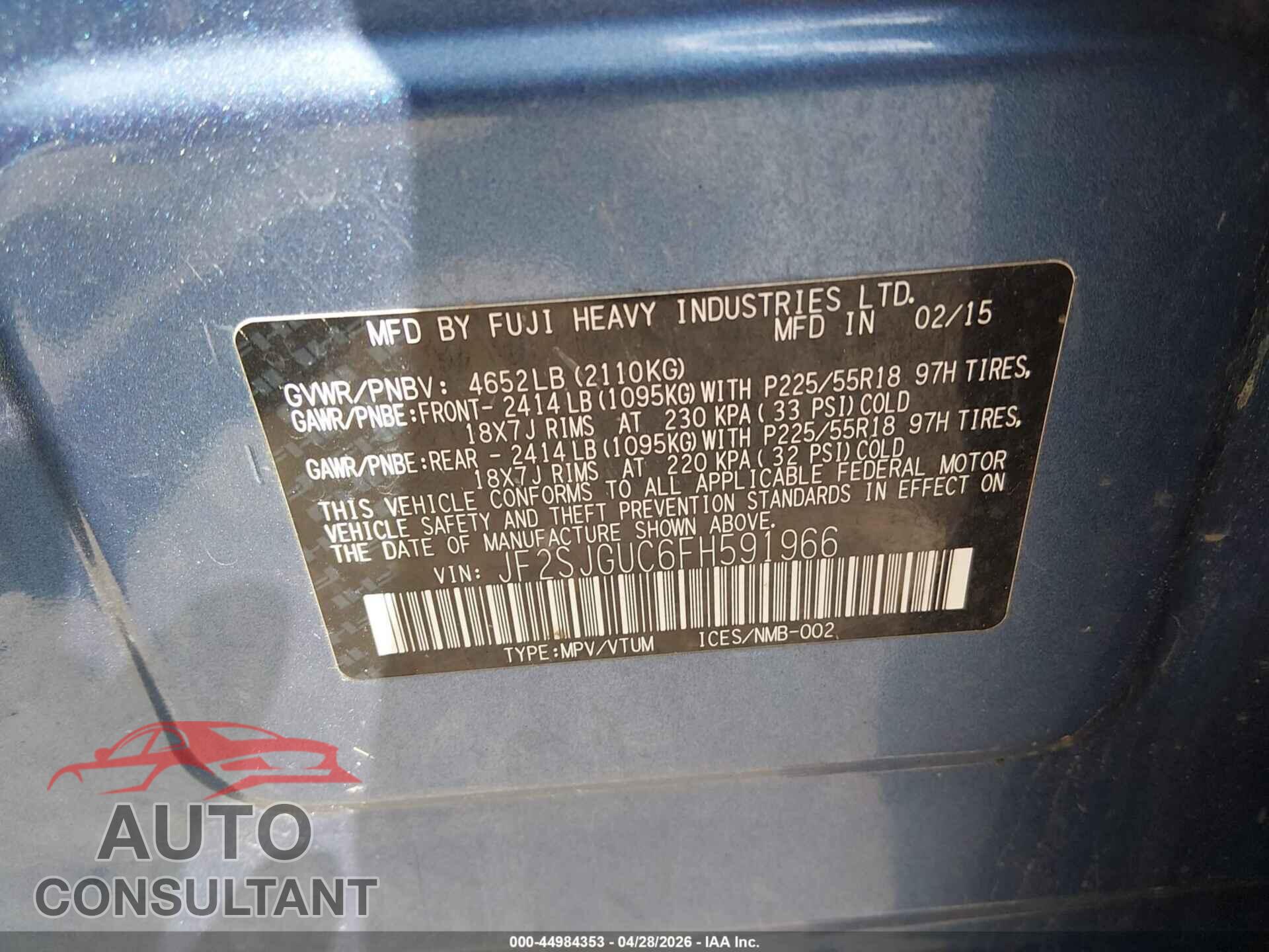 SUBARU FORESTER 2015 - JF2SJGUC6FH591966