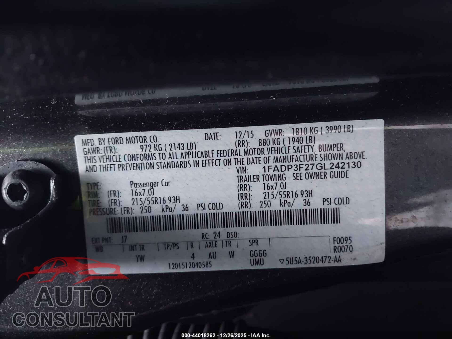 FORD FOCUS 2016 - 1FADP3F27GL242130