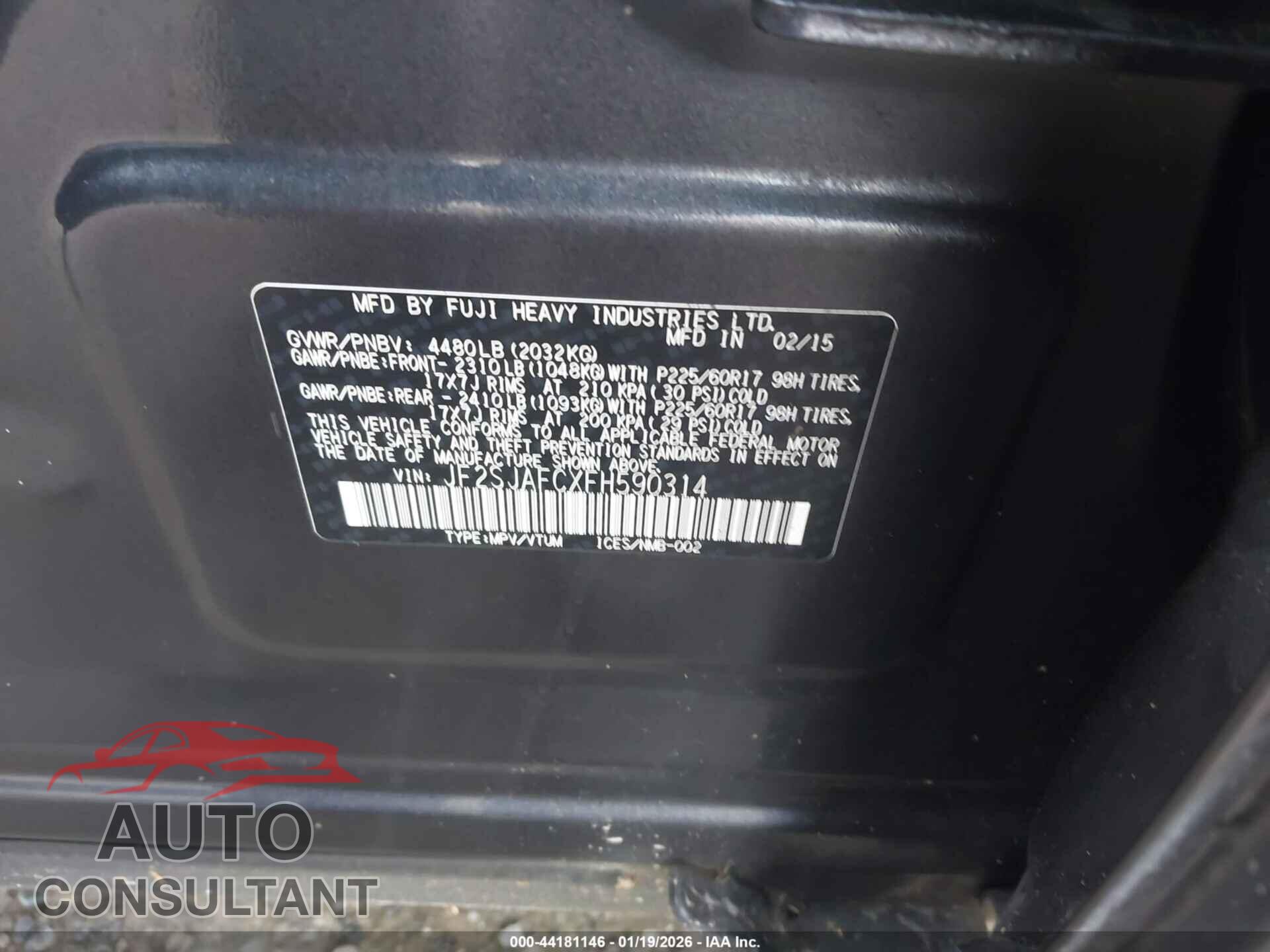 SUBARU FORESTER 2015 - JF2SJAFCXFH590314