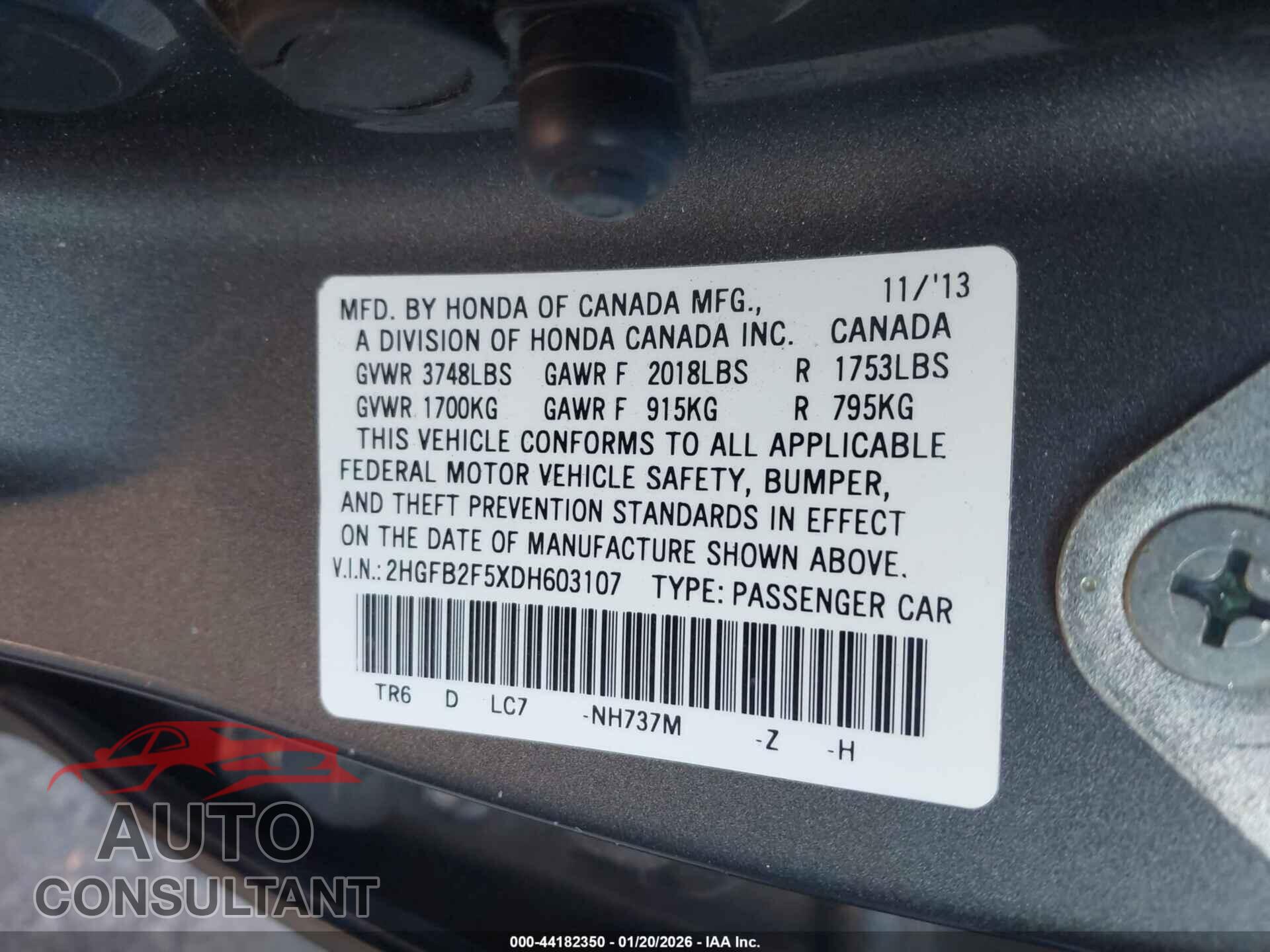 HONDA CIVIC 2013 - 2HGFB2F5XDH603107