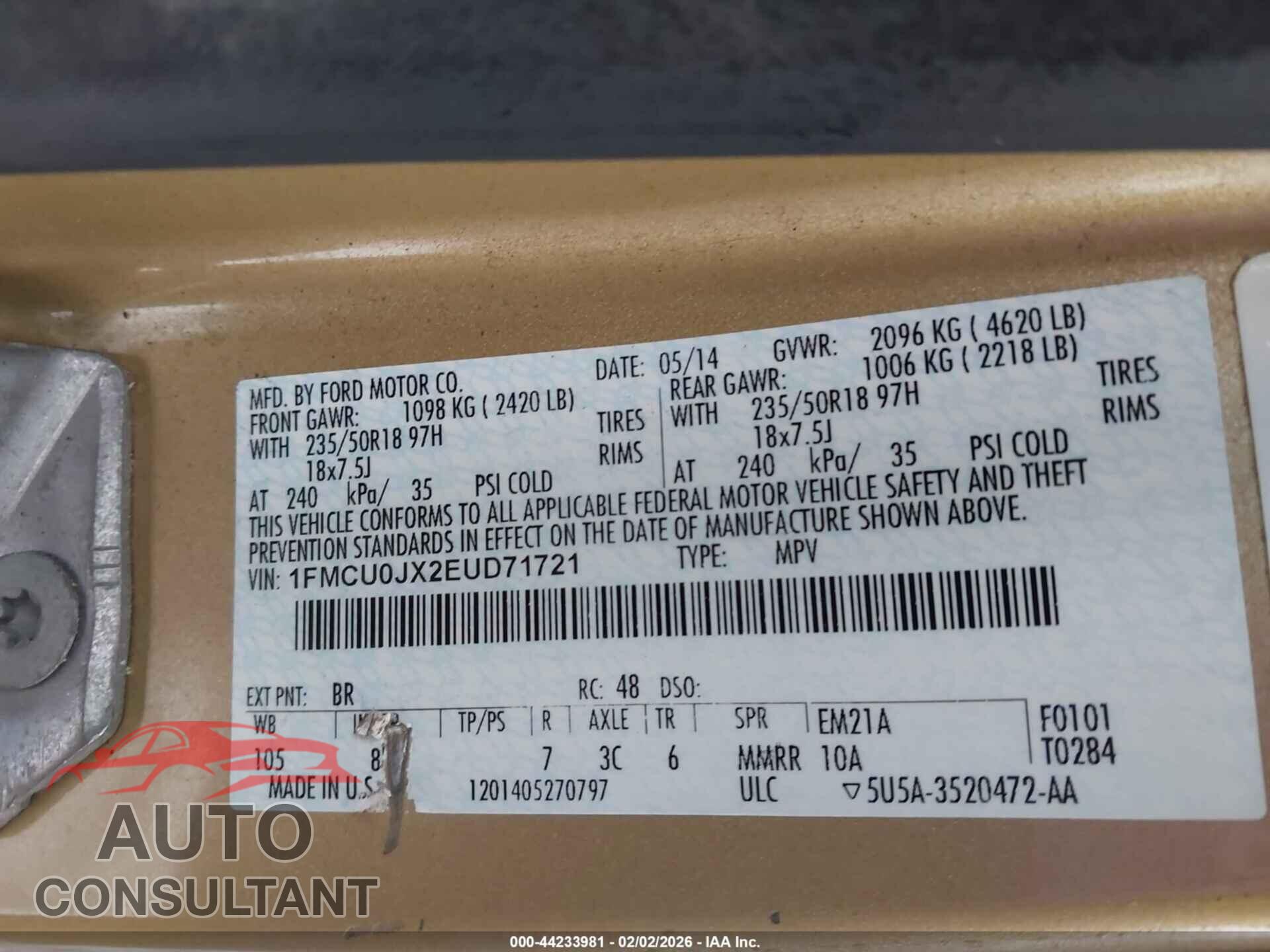 FORD ESCAPE 2014 - 1FMCU0JX2EUD71721