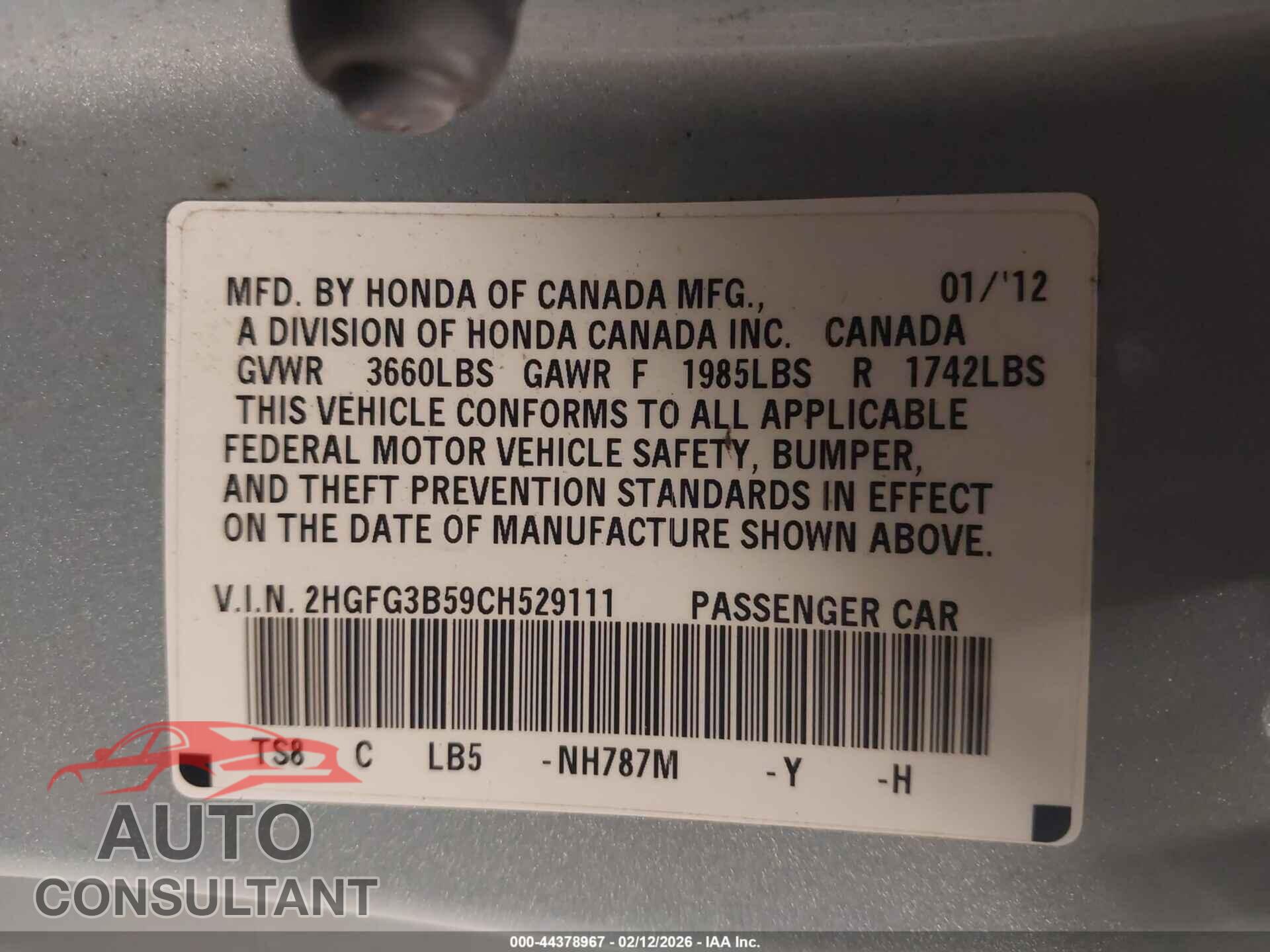 HONDA CIVIC 2012 - 2HGFG3B59CH529111