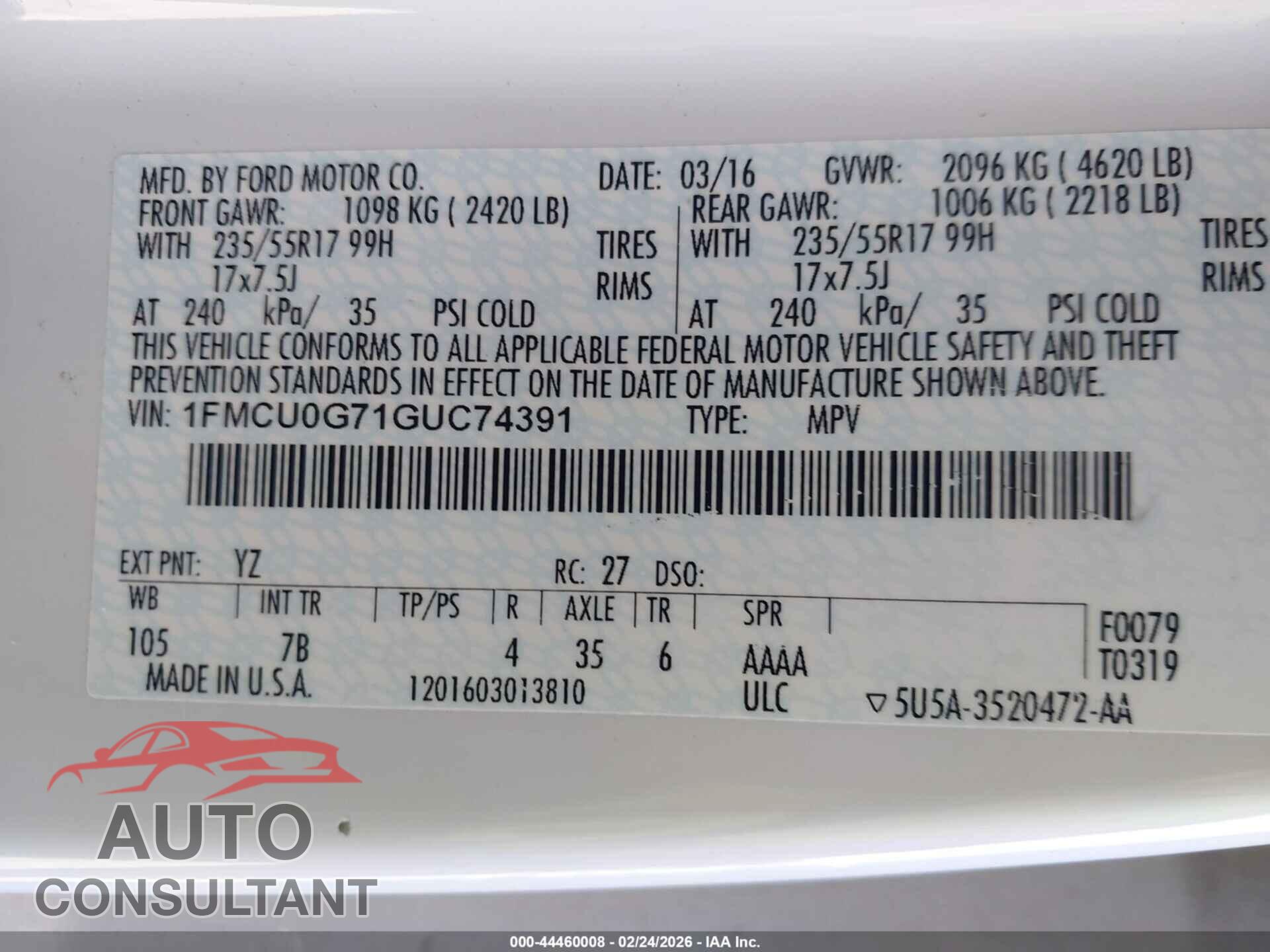 FORD ESCAPE 2016 - 1FMCU0G71GUC74391