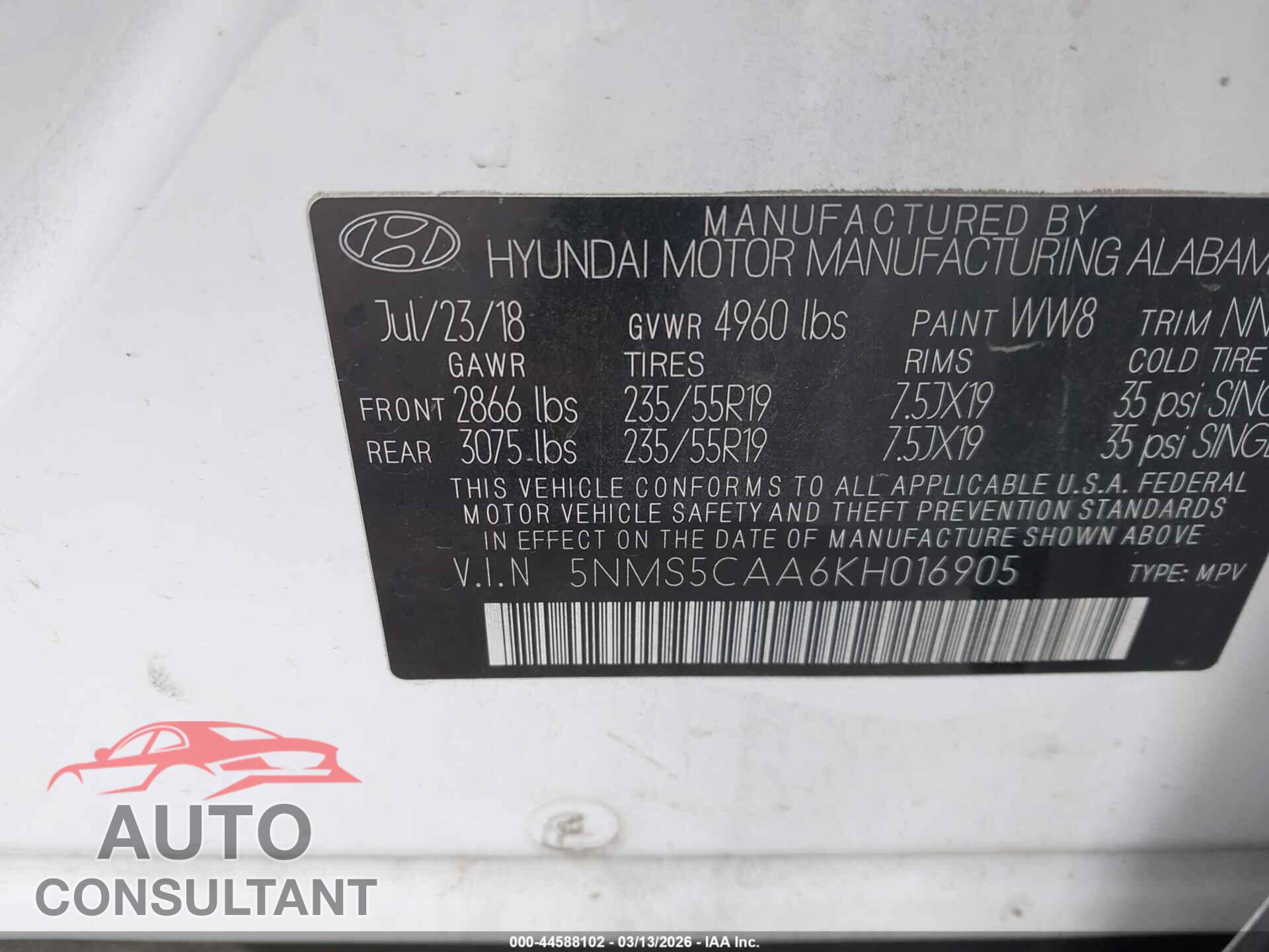 HYUNDAI SANTA FE 2019 - 5NMS5CAA6KH016905