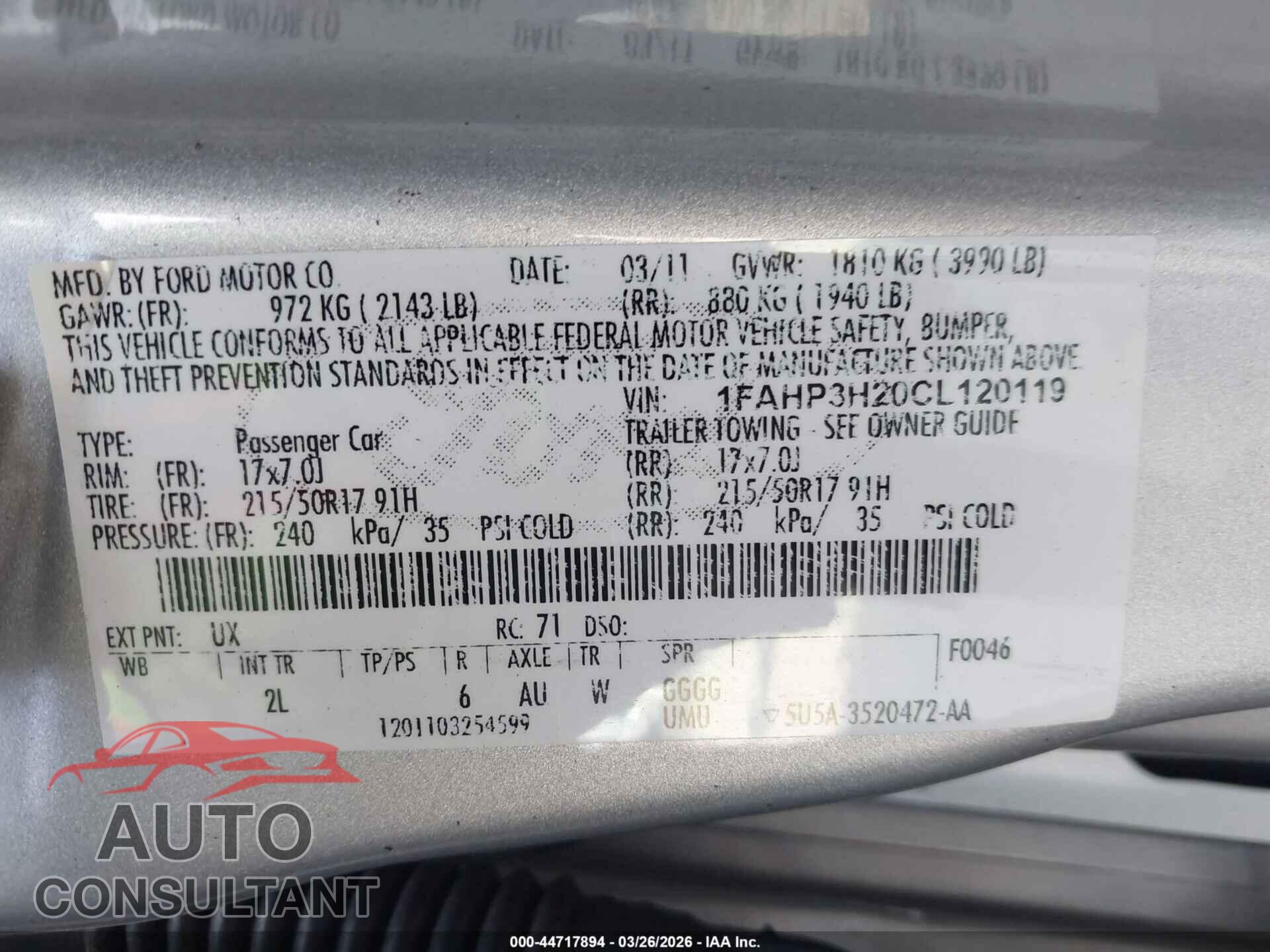 FORD FOCUS 2012 - 1FAHP3H20CL120119
