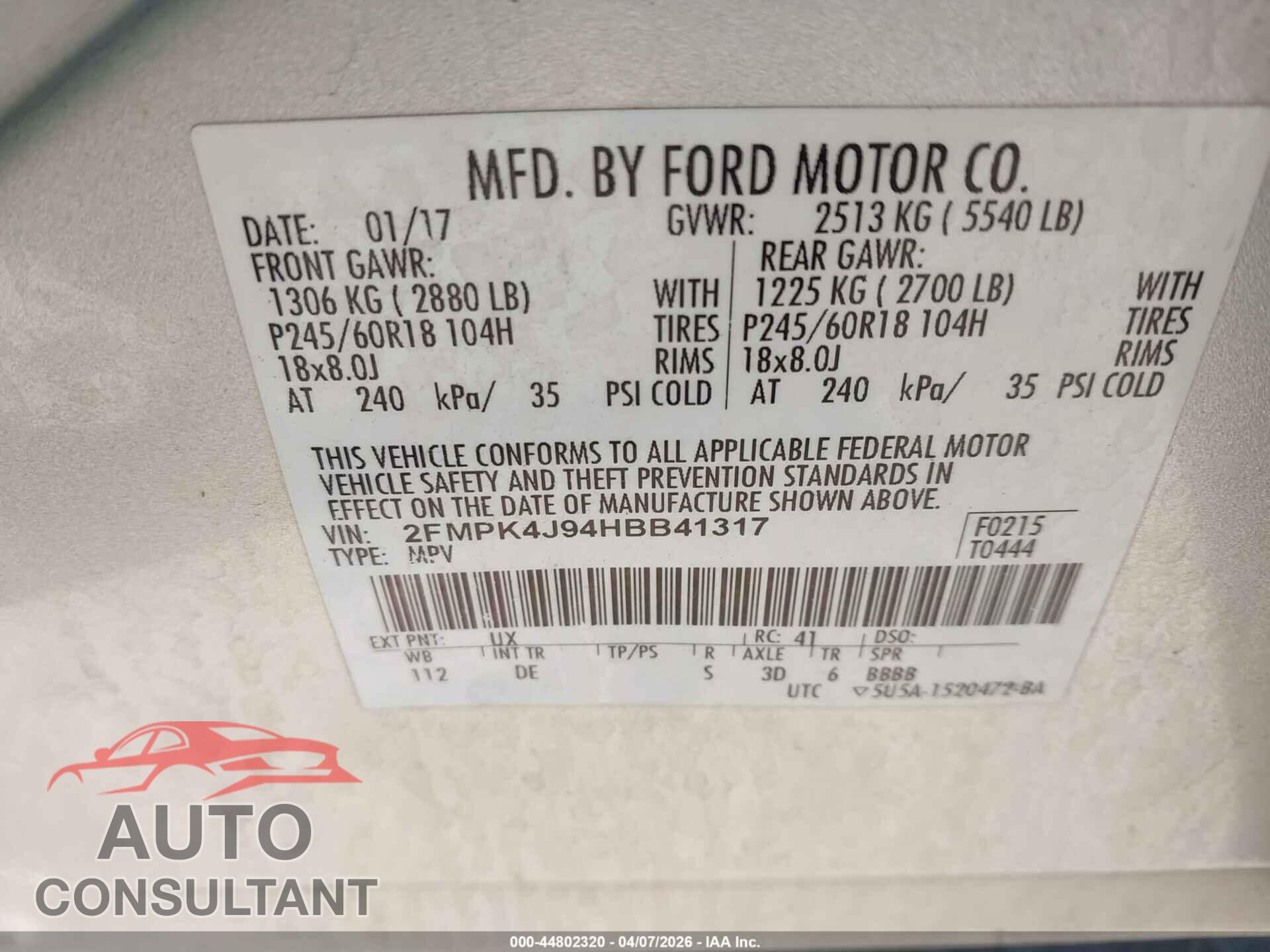 FORD EDGE 2017 - 2FMPK4J94HBB41317