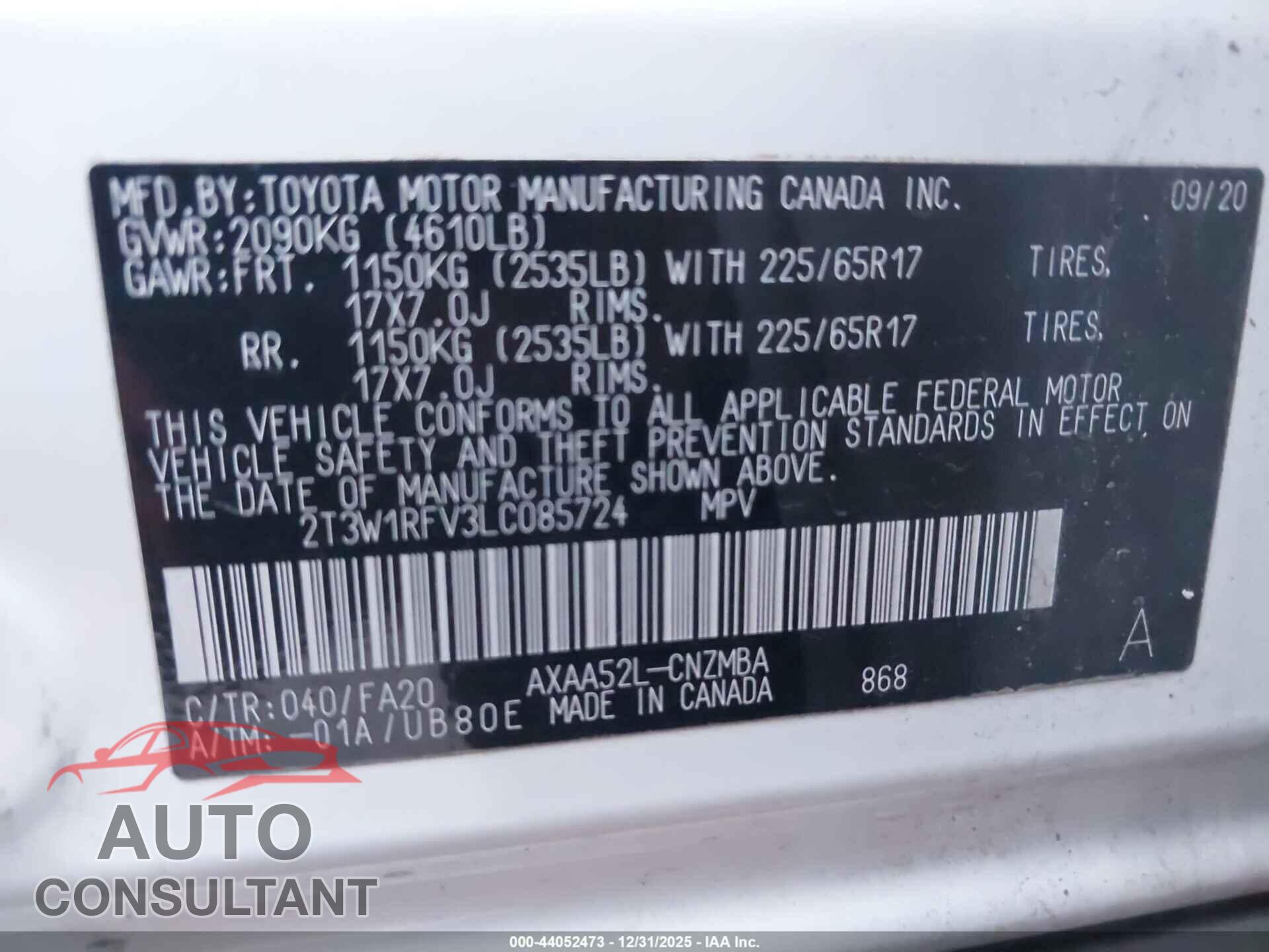 TOYOTA RAV4 2020 - 2T3W1RFV3LC085724