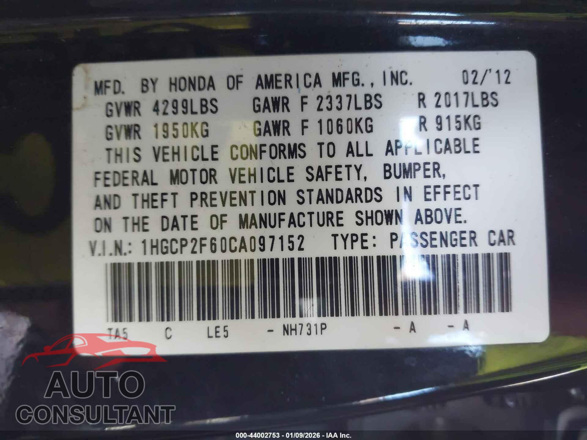 HONDA ACCORD 2012 - 1HGCP2F60CA097152