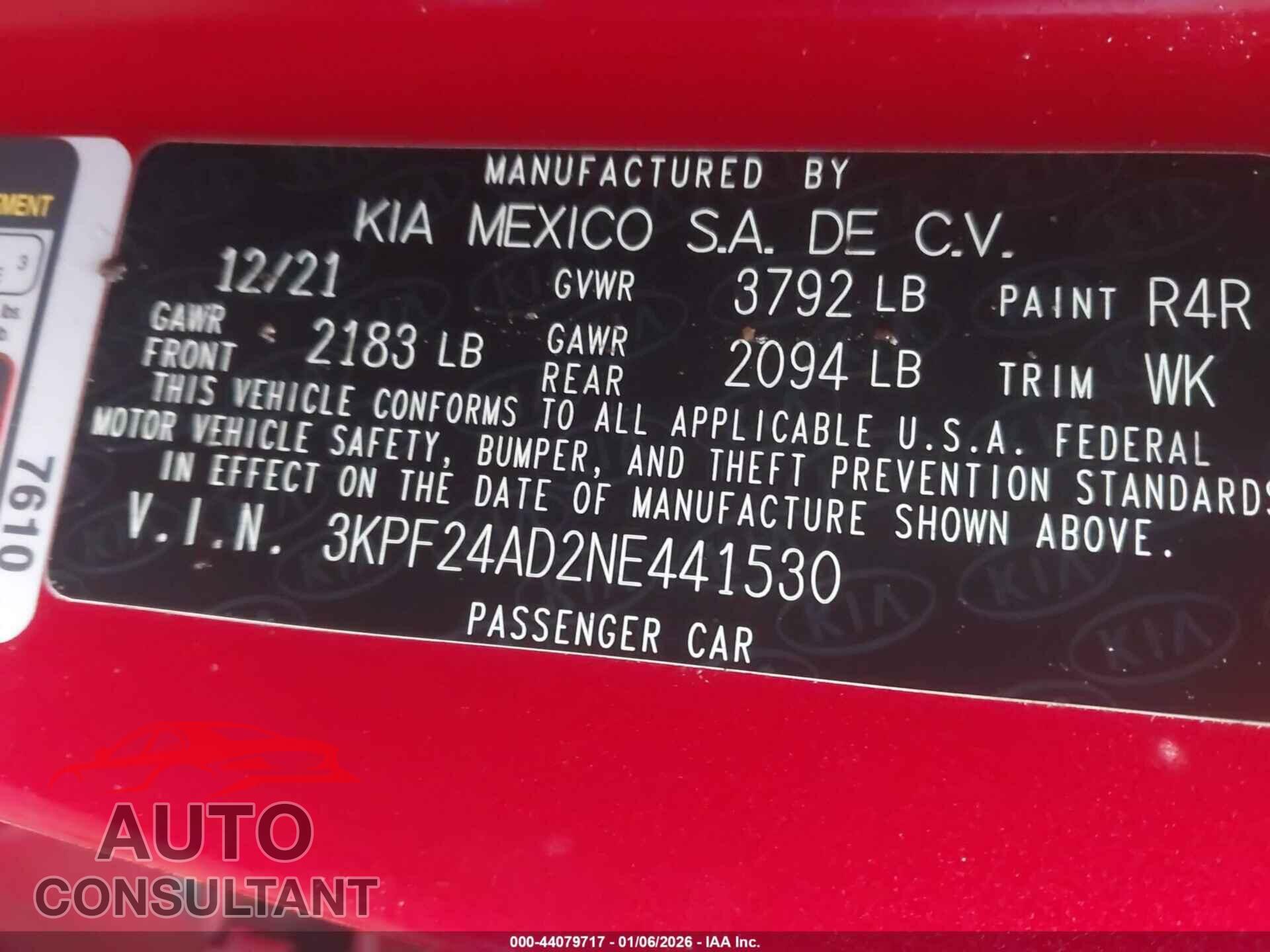KIA FORTE 2022 - 3KPF24AD2NE441530