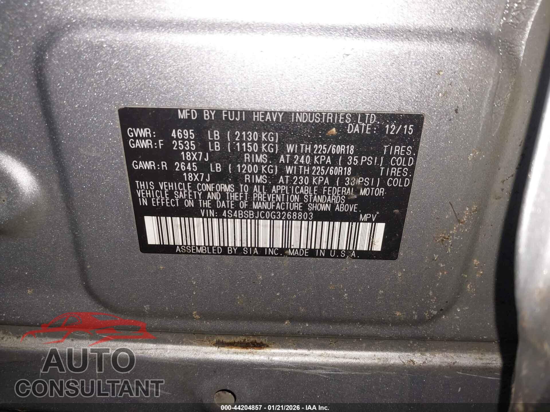 SUBARU OUTBACK 2016 - 4S4BSBJC0G3268803