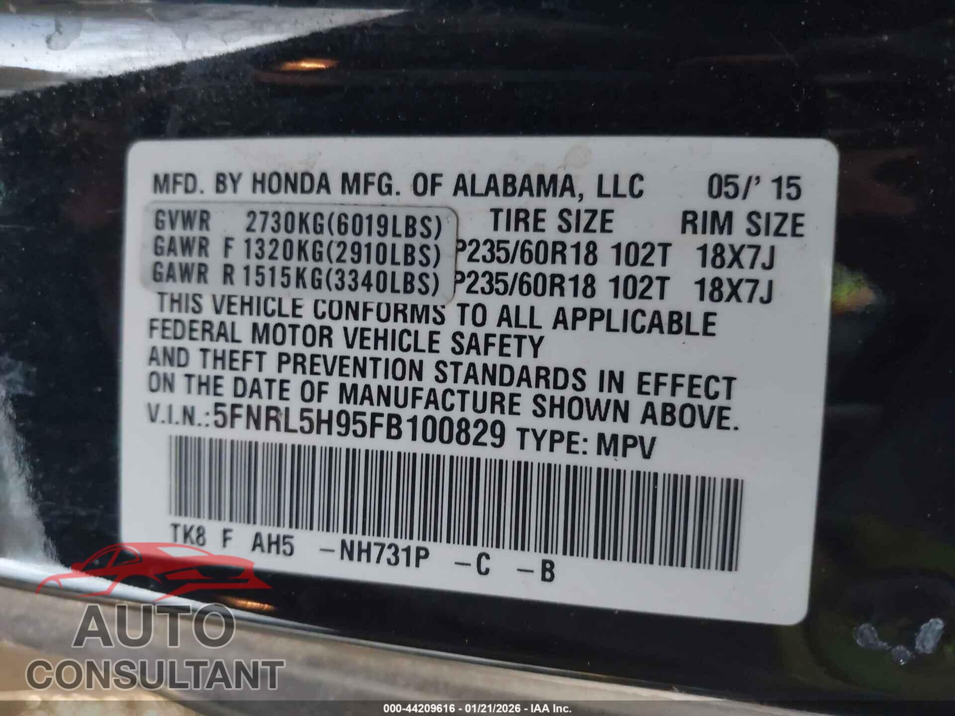 HONDA ODYSSEY 2015 - 5FNRL5H95FB100829
