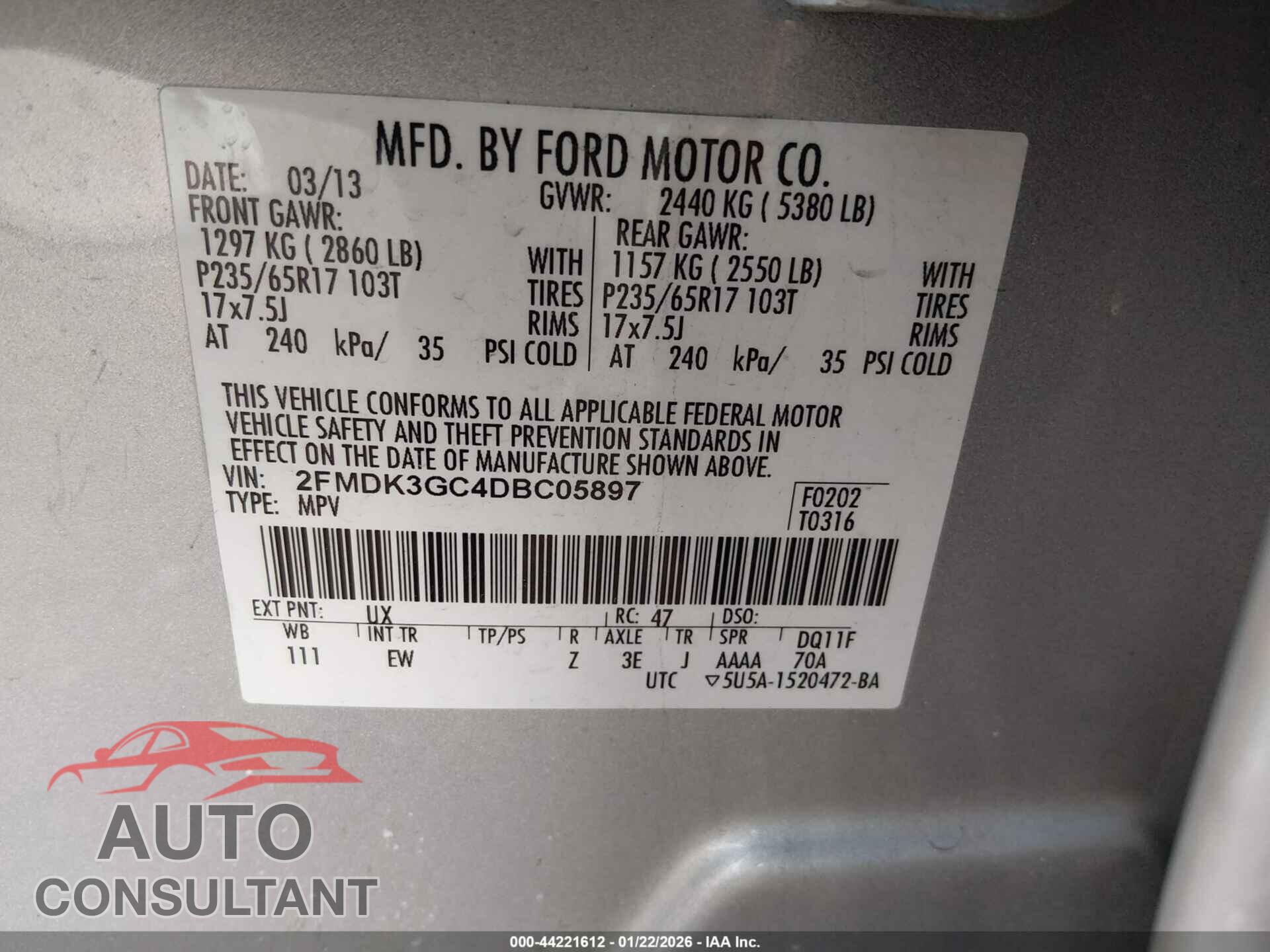 FORD EDGE 2013 - 2FMDK3GC4DBC05897