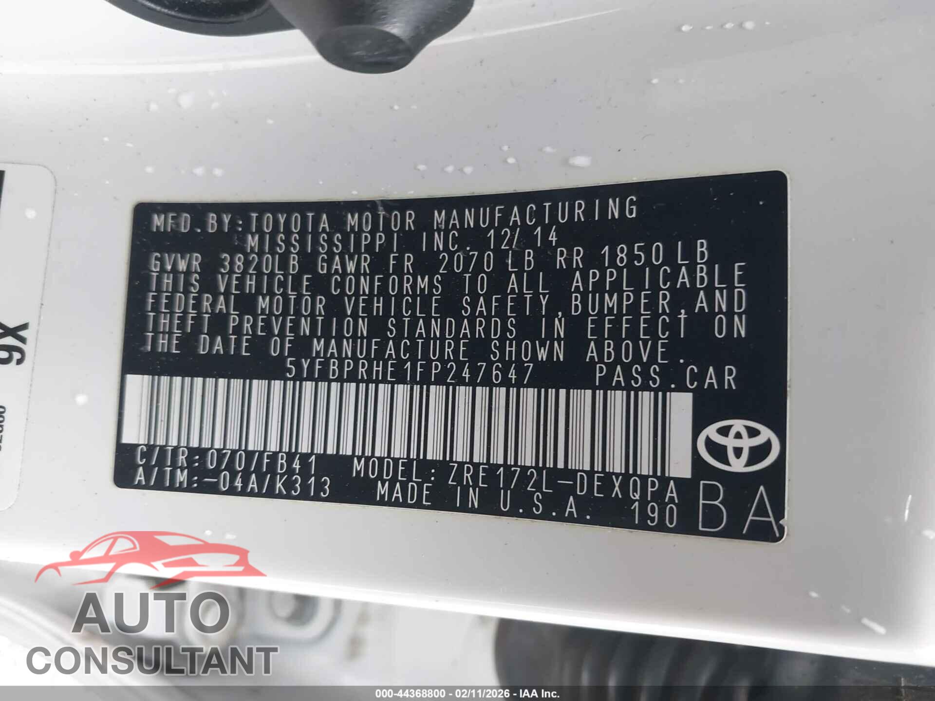 TOYOTA COROLLA 2015 - 5YFBPRHE1FP247647