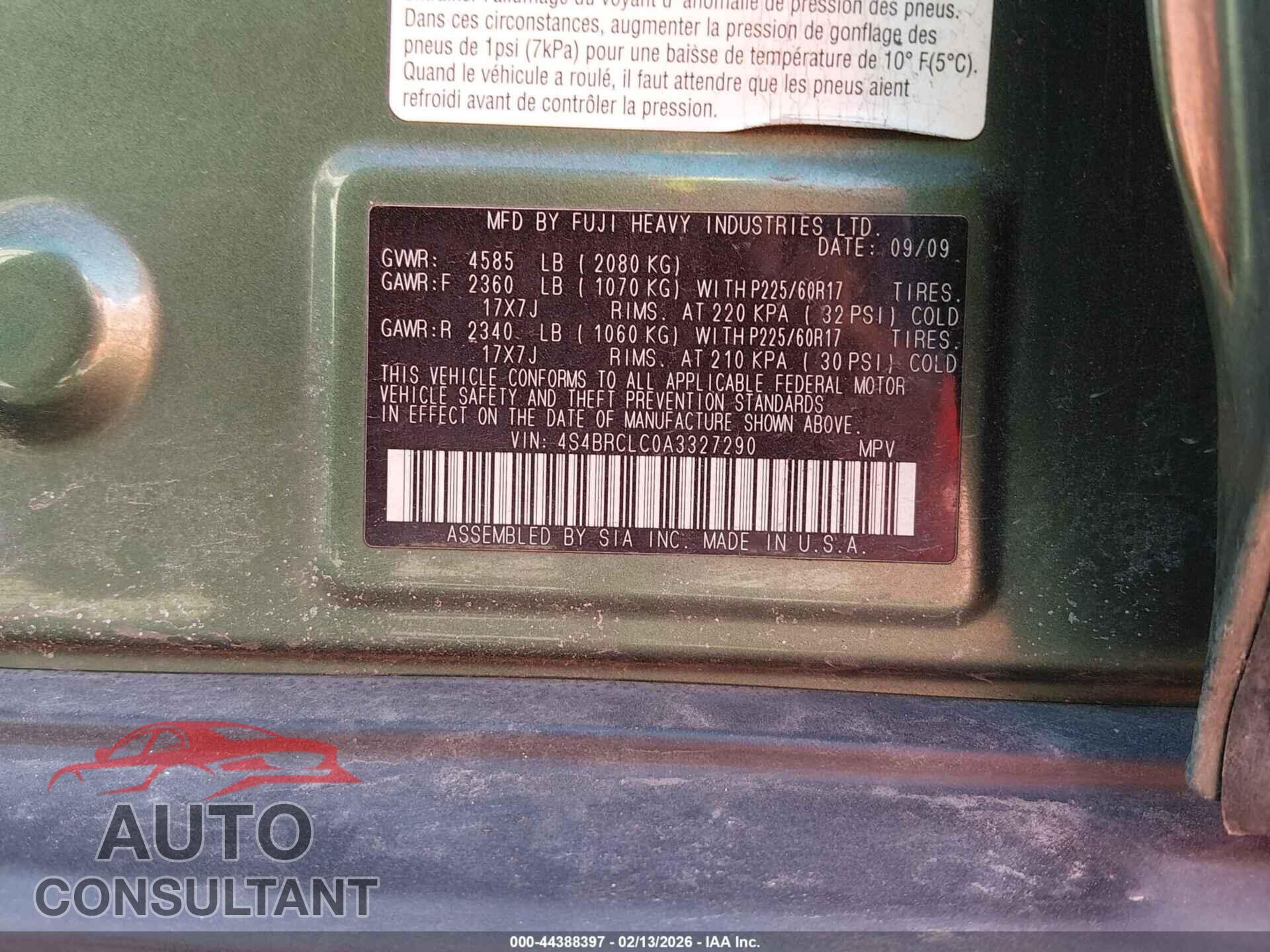 SUBARU OUTBACK 2010 - 4S4BRCLC0A3327290