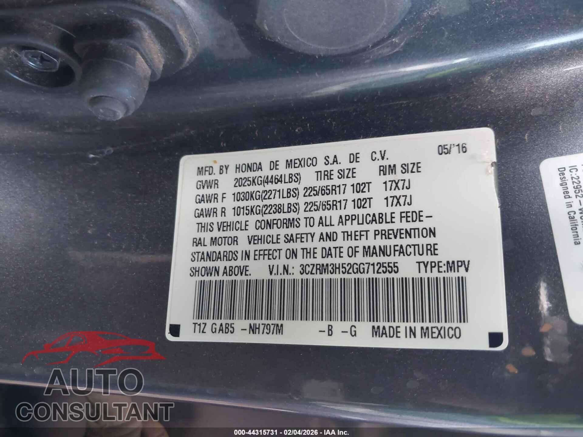 HONDA CR-V 2016 - 3CZRM3H52GG712555