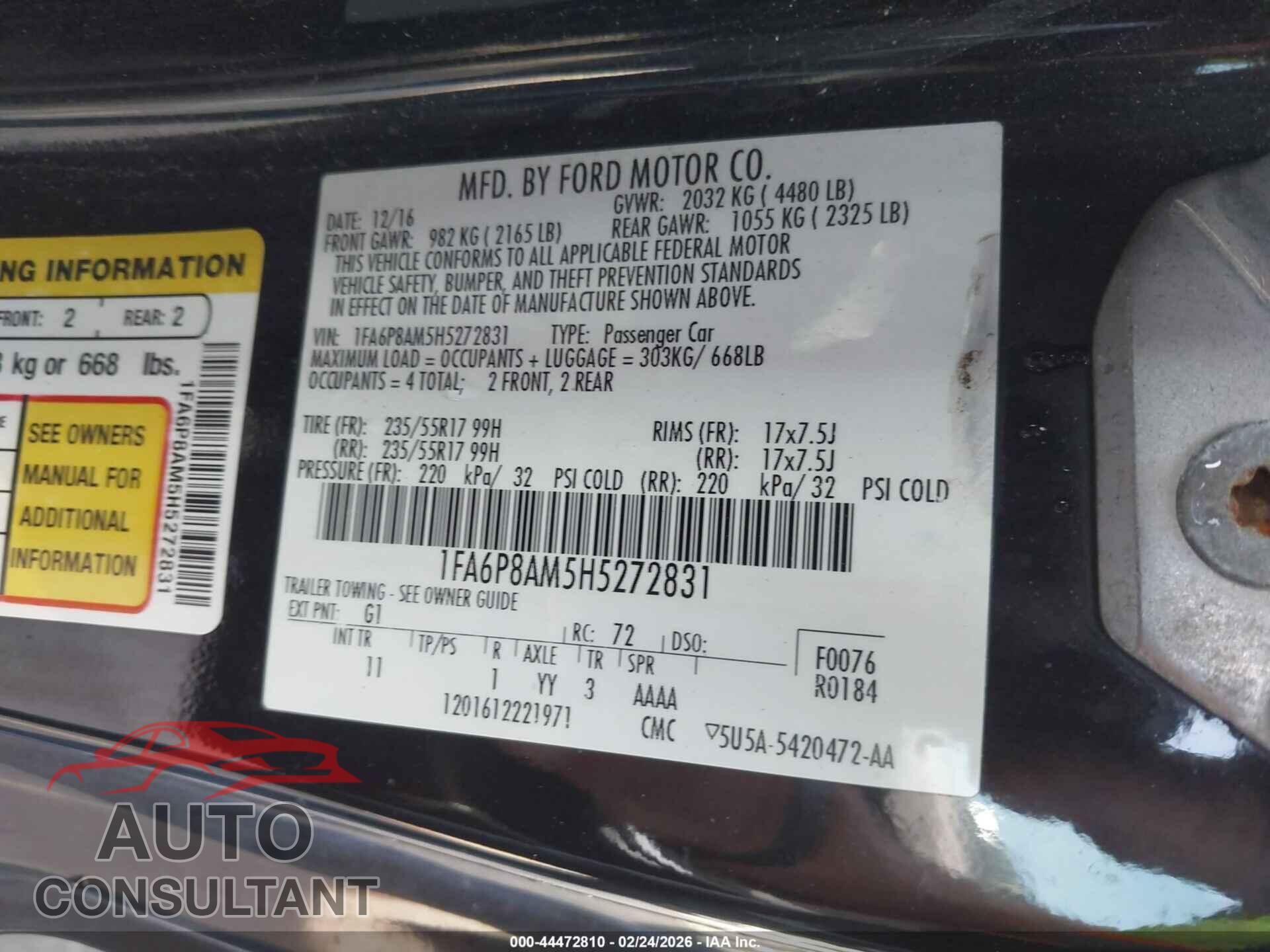 FORD MUSTANG 2017 - 1FA6P8AM5H5272831