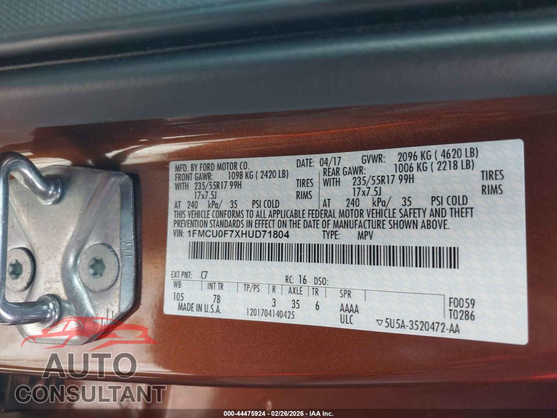 FORD ESCAPE 2017 - 1FMCU0F7XHUD71804