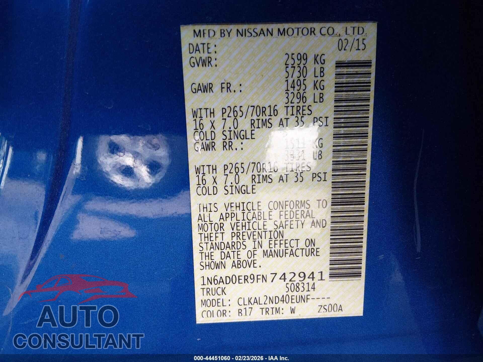 NISSAN FRONTIER 2015 - 1N6AD0ER9FN742941