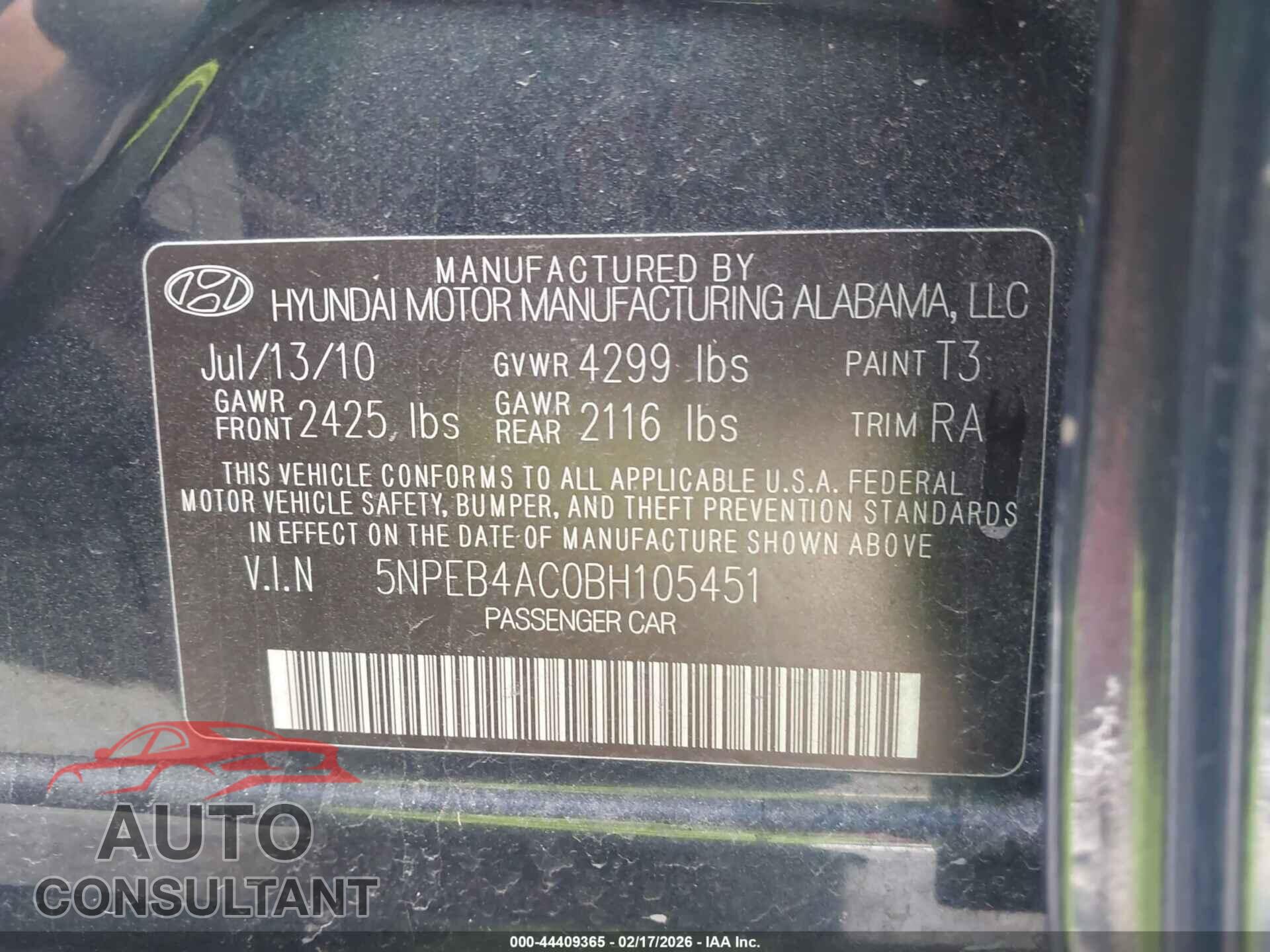 HYUNDAI SONATA 2011 - 5NPEB4AC0BH105451