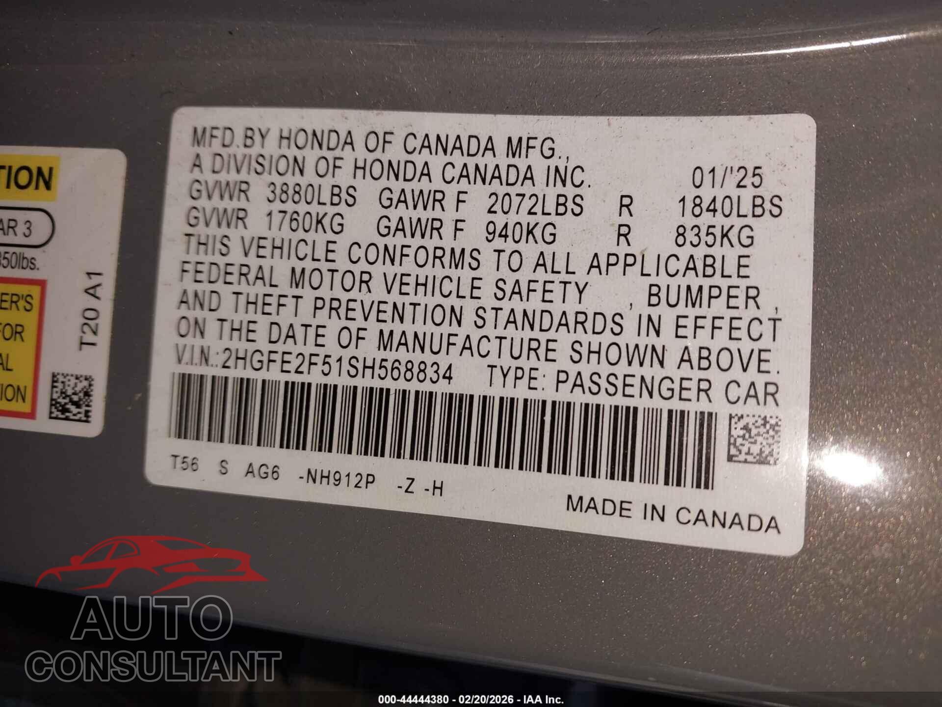 HONDA CIVIC 2025 - 2HGFE2F51SH568834