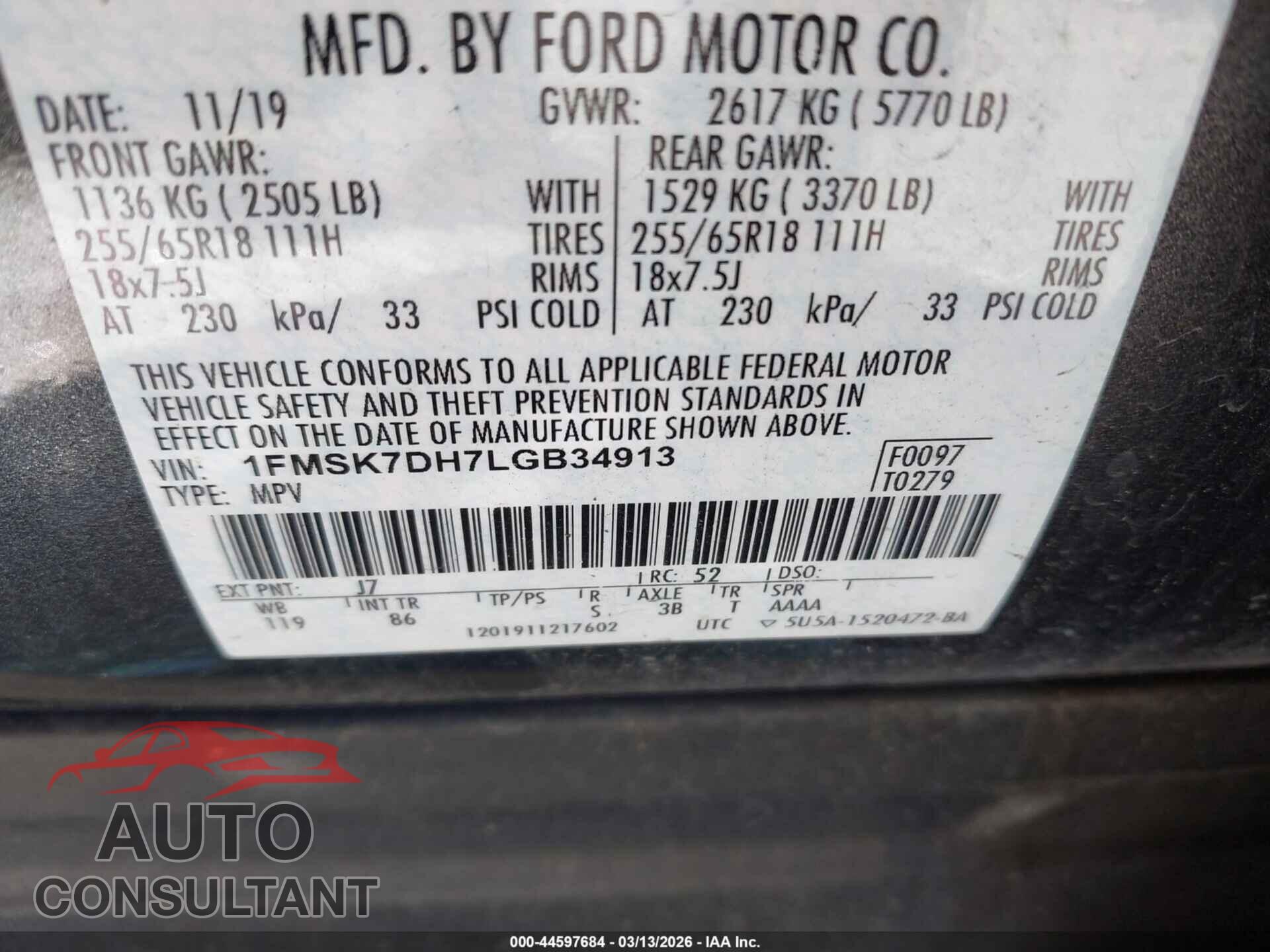 FORD EXPLORER 2020 - 1FMSK7DH7LGB34913