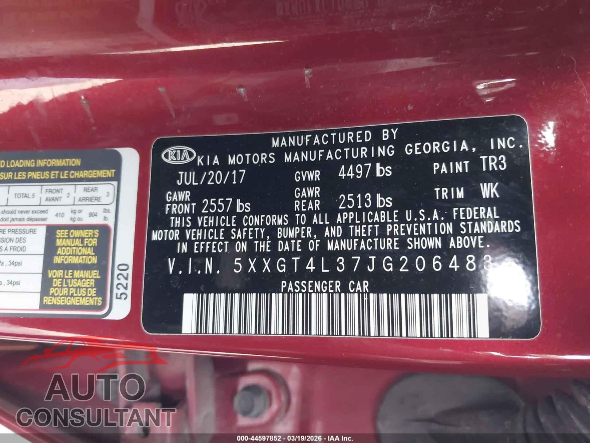 KIA OPTIMA 2018 - 5XXGT4L37JG206483