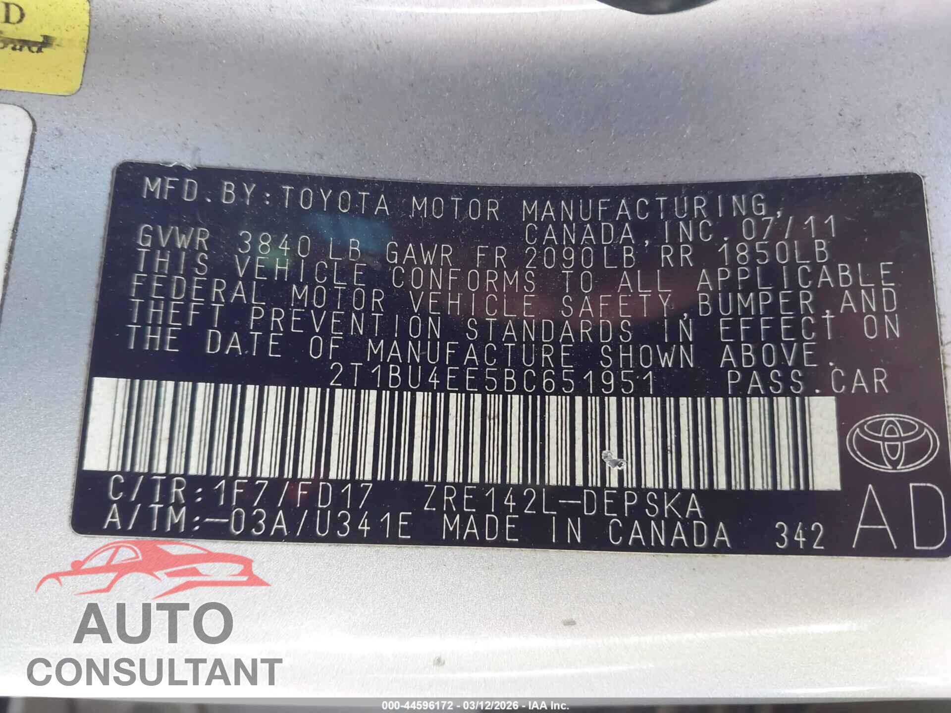 TOYOTA COROLLA 2011 - 2T1BU4EE5BC651951