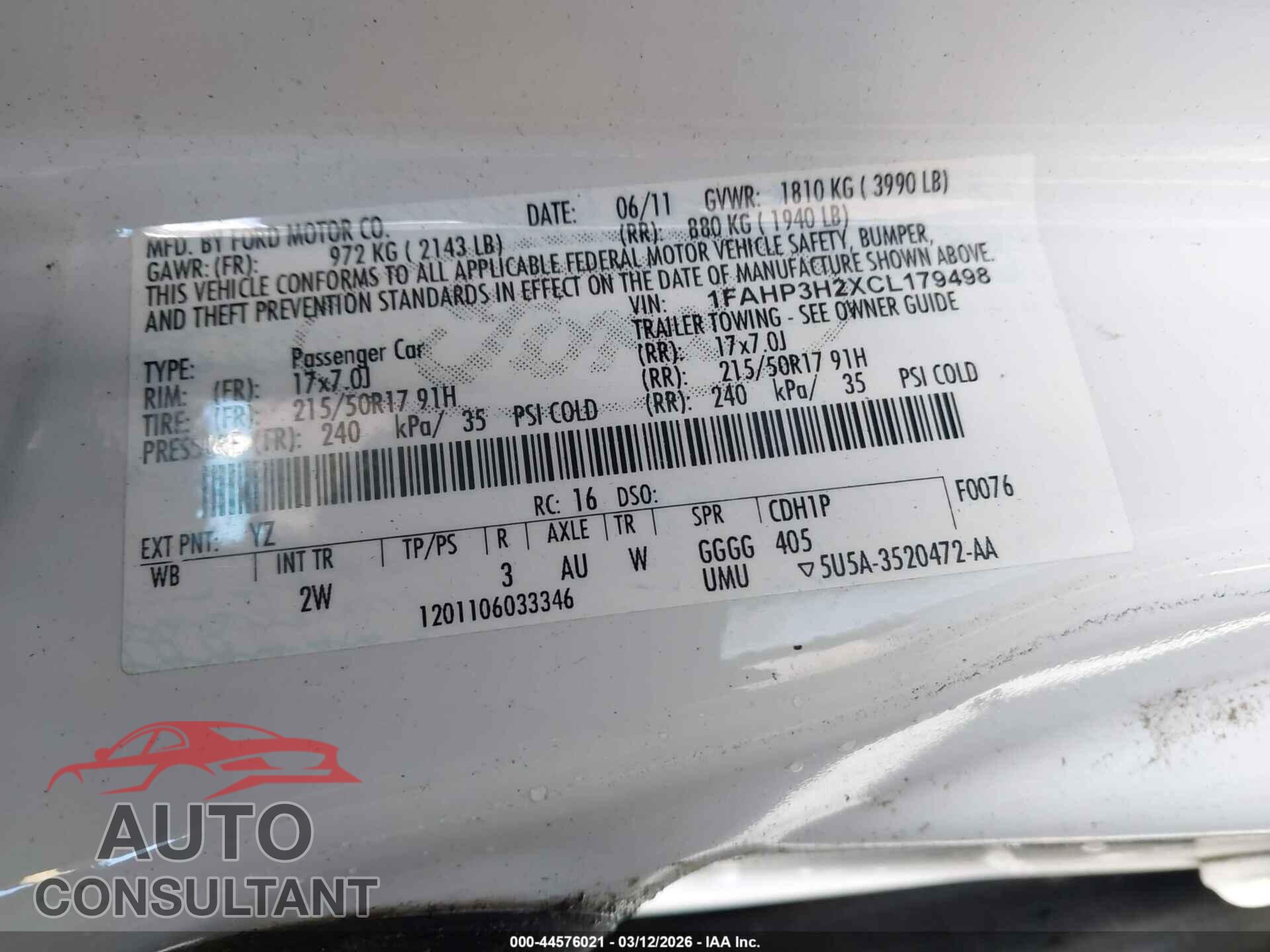 FORD FOCUS 2012 - 1FAHP3H2XCL179498