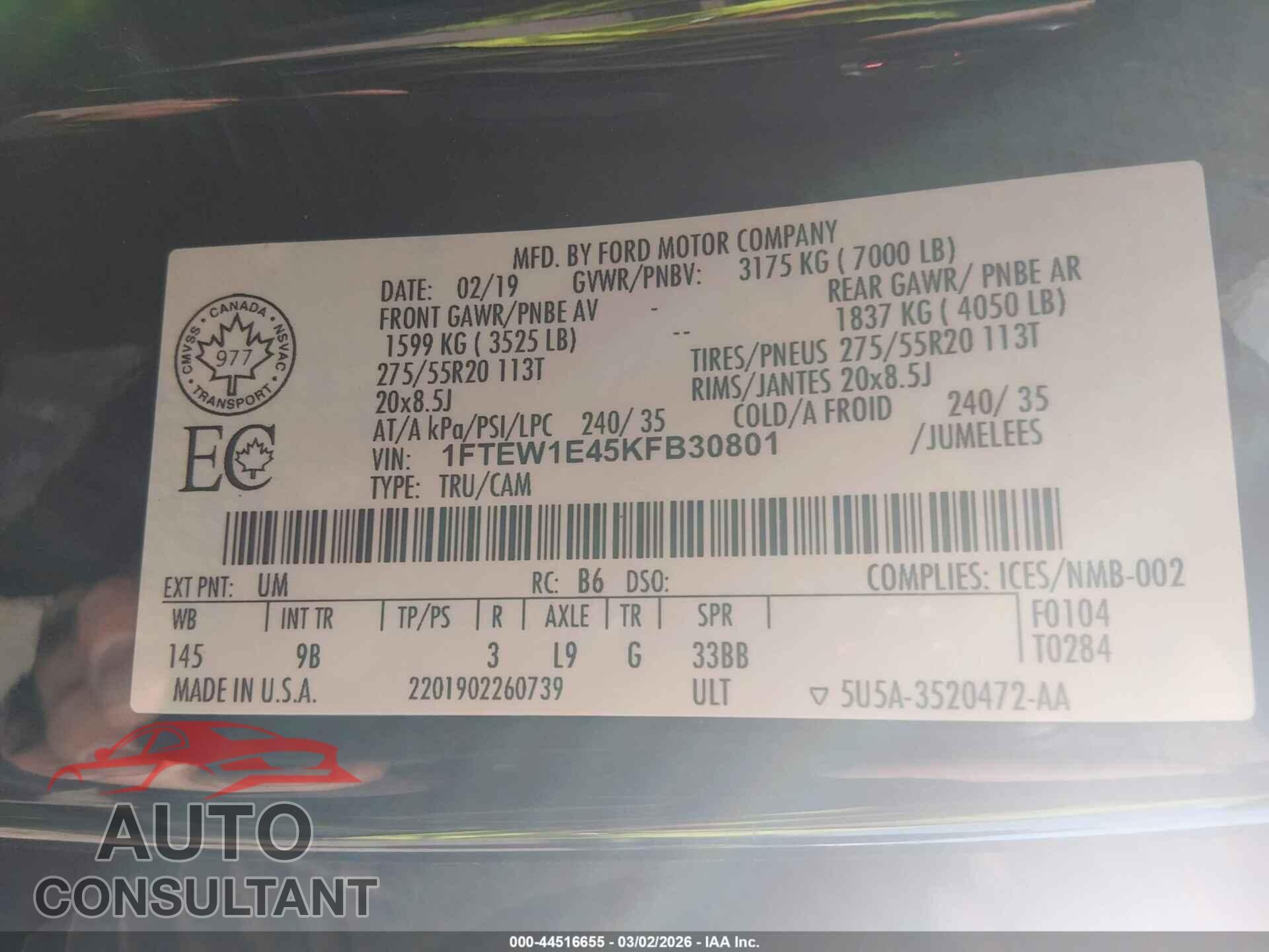 FORD F-150 2019 - 1FTEW1E45KFB30801