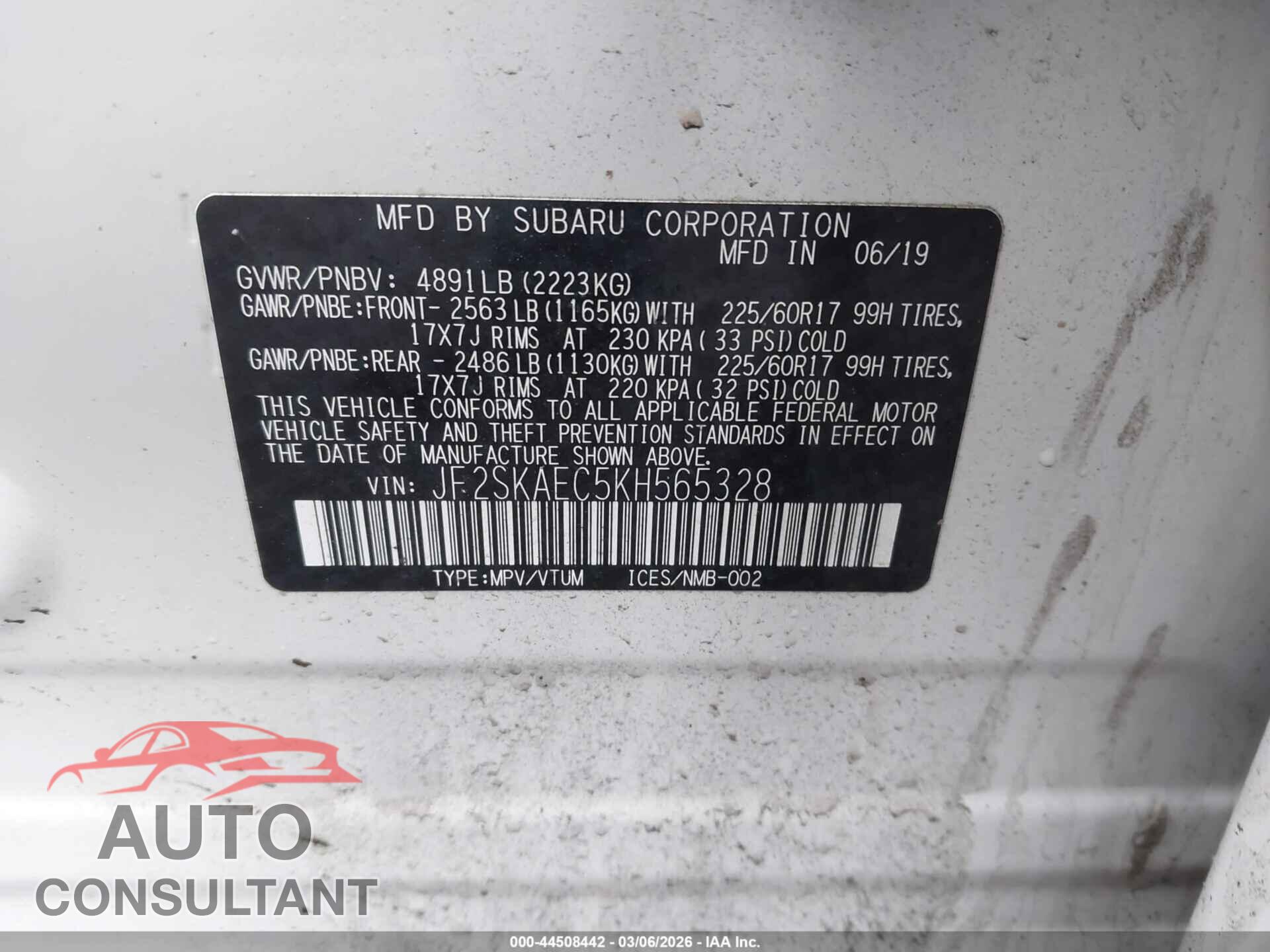 SUBARU FORESTER 2019 - JF2SKAEC5KH565328