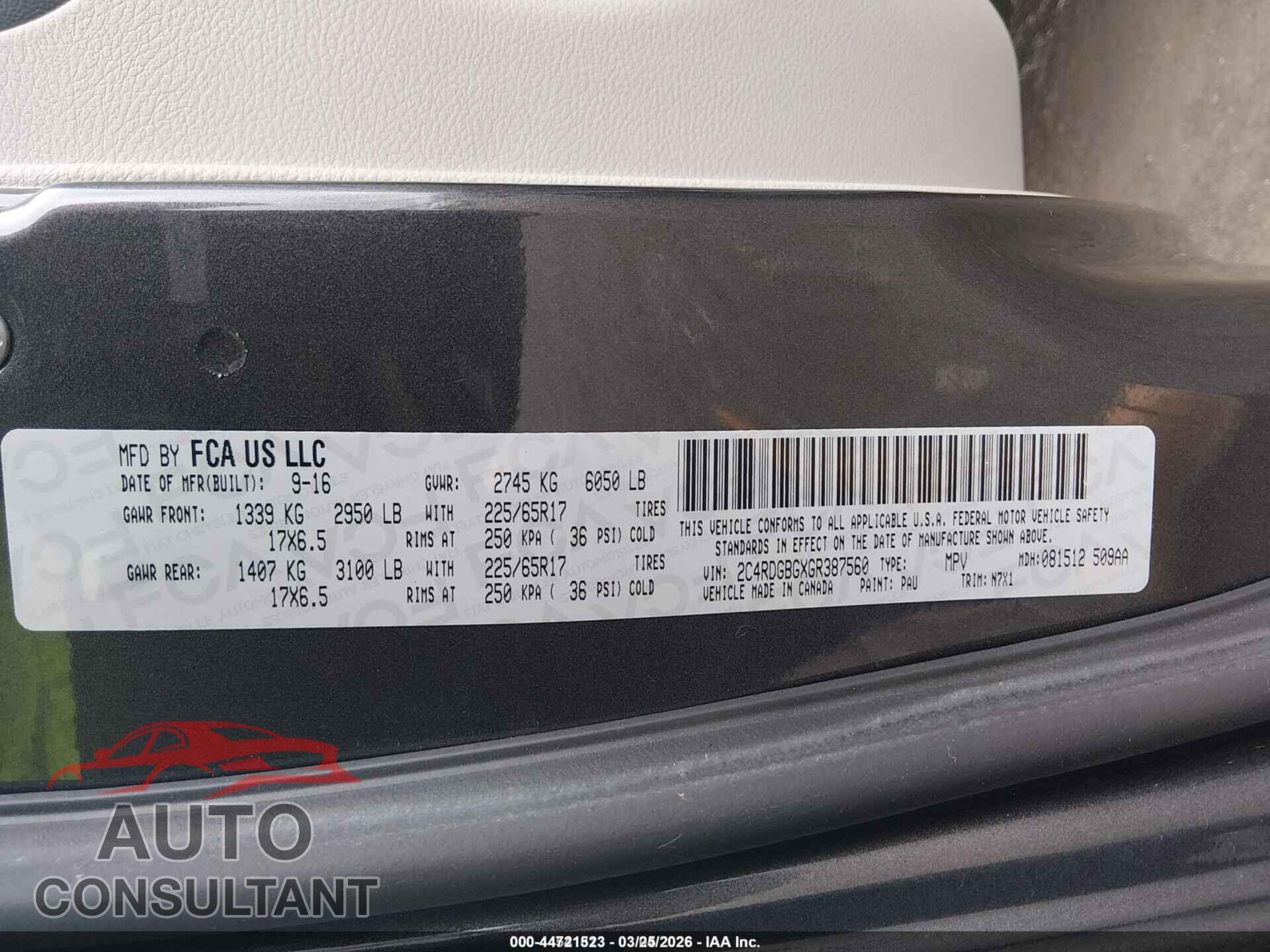 DODGE GRAND CARAVAN 2016 - 2C4RDGBGXGR387560
