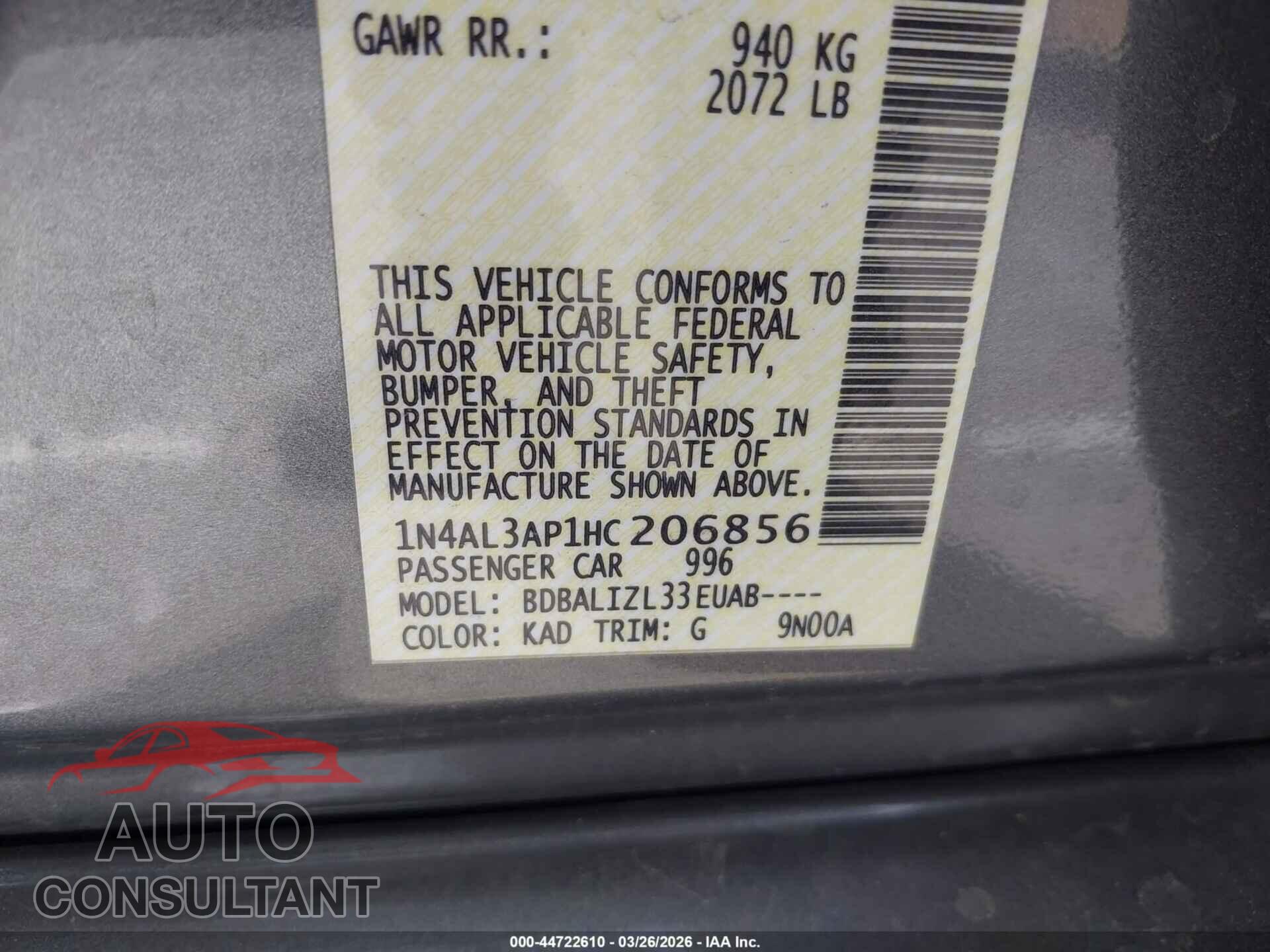 NISSAN ALTIMA 2017 - 1N4AL3AP1HC206856