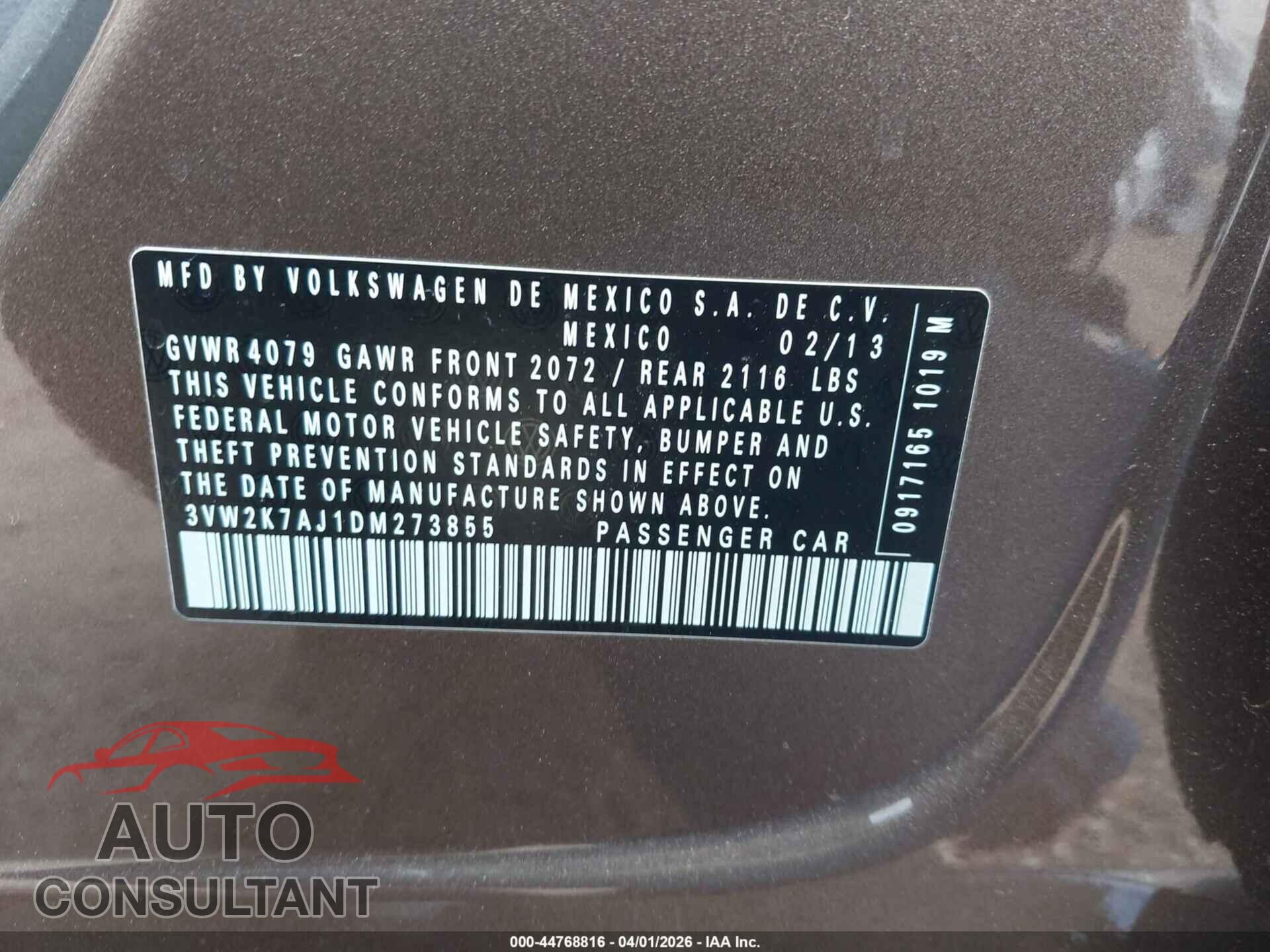 VOLKSWAGEN JETTA 2013 - 3VW2K7AJ1DM273855